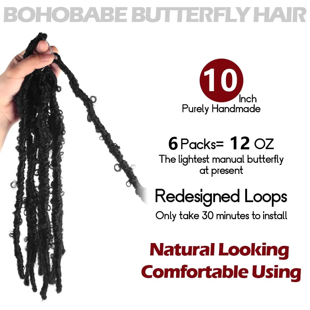 BOHOBABE Butterfly Crochet Locs 10 Inch 6 Packs Pre Looped Crochet Butterfly Locs 10 In Short Distressed Butterfly Locs Crochet Hair (10 Inch, 2#) 2#(Off Black)