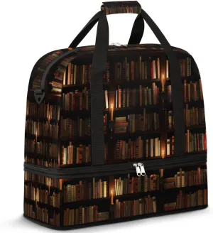 Bookshelf Book Library Travel Duffel Bag for Women Men, Vintage Library Bookshelf Sports Gym Bag with Shoes Compartment Foldable Overnight Bag Weekender Tote Workout Carry On Luggage Bag