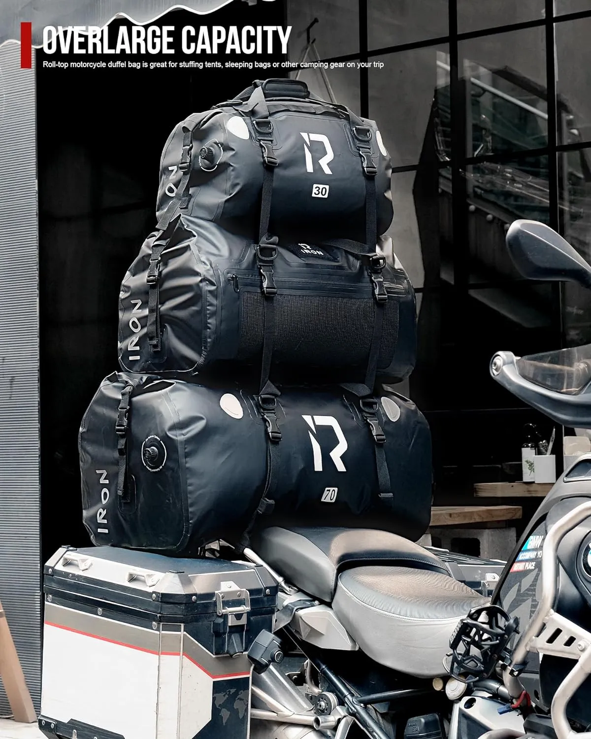 BORLENI Waterproof Motorcycle Dry Duffel Bag Luggage Tail Bag with Large Storage Space,Roll Top Closure, Shoulder Straps, Inner Pocket and Mesh Pocket for Motorcycling Travel Camping (Grey,70L)