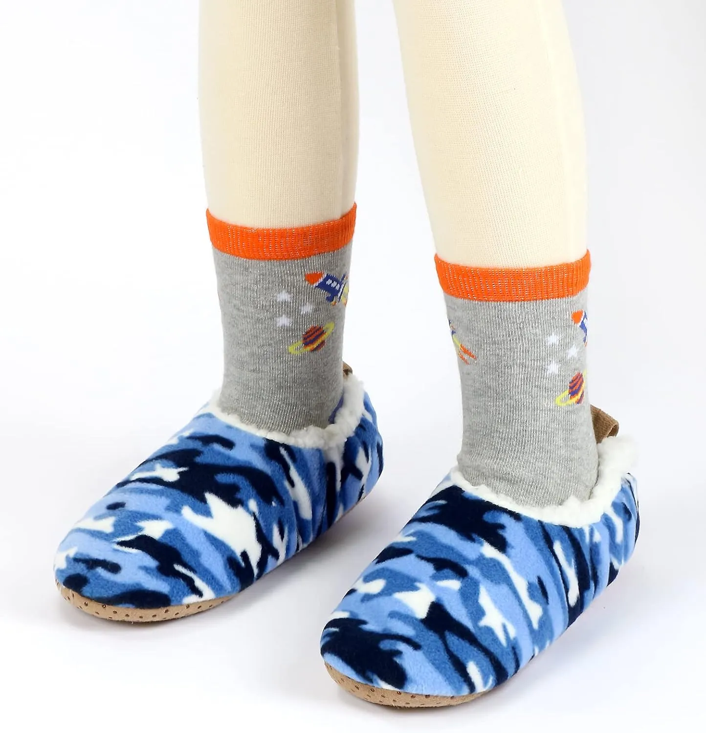Boys House Slippers With Non Skid Bottoms, Cute Animal Slipper Socks With Grippers For Big Kids, Cozy Soft Sole Warm Fuzzy House Shoes