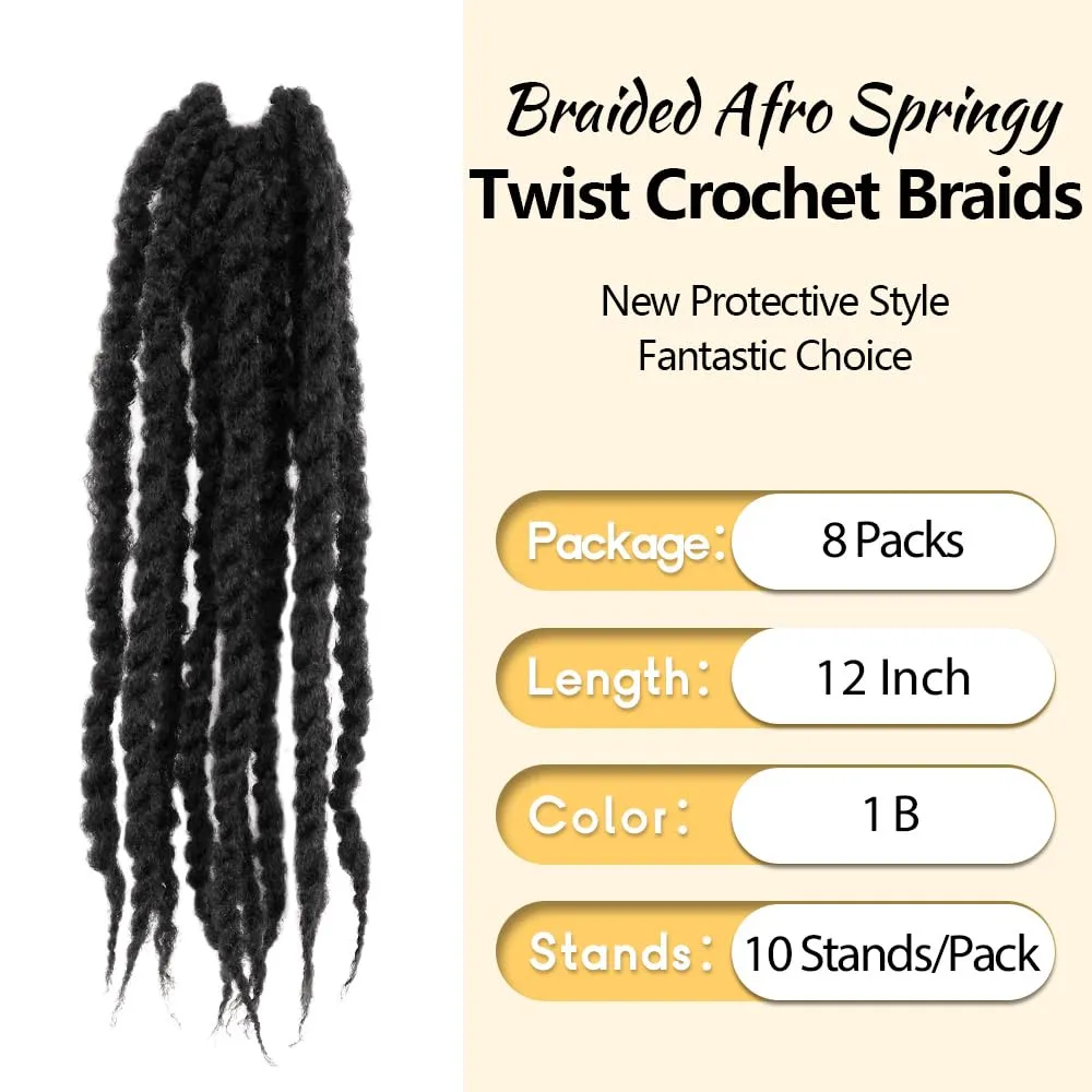 Braided Marley Twist Braiding Hair 12 Inch 8 Packs Pre-looped Short Afro Springy Crochet Braids Pre Twisted Senegalese Distressed Spring Synthetic Crochet Hair (1B, Natural Black)