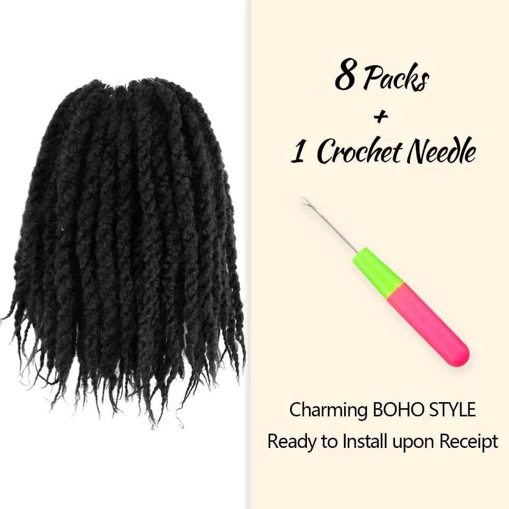 Braided Marley Twist Braiding Hair 12 Inch 8 Packs Pre-looped Short Afro Springy Crochet Braids Pre Twisted Senegalese Distressed Spring Synthetic Crochet Hair (1B, Natural Black)