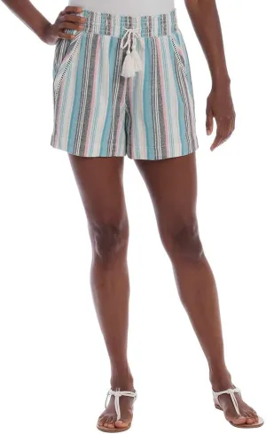 Briggs New York Women's Linen Blend Pull-On Summer Shorts with Pockets and Drawstring (Teal Stripes, Small)