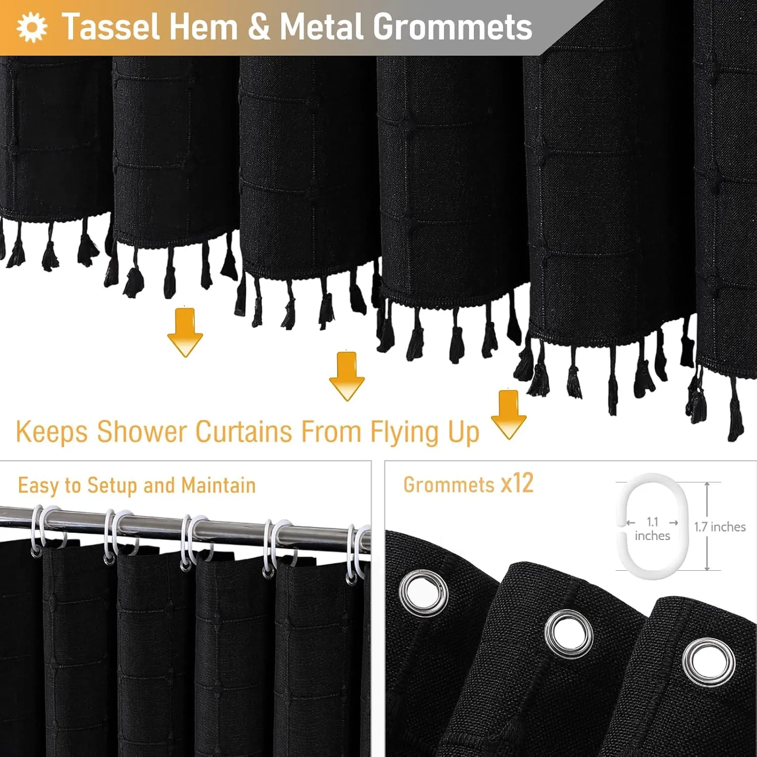 BTTN Black Boho Farmhouse Shower Curtain, Linen Rustic Heavy Duty Fabric Shower Curtain Set with Tassel, Water Repellent, Bohemian Vintage Country Thick Cloth Shower Curtains for Bathroom, 72x72