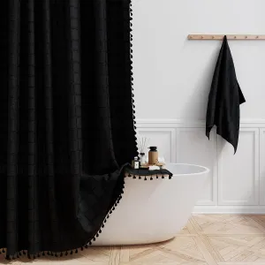 BTTN Black Boho Farmhouse Shower Curtain, Linen Rustic Heavy Duty Fabric Shower Curtain Set with Tassel, Water Repellent, Bohemian Vintage Country Thick Cloth Shower Curtains for Bathroom, 72x72