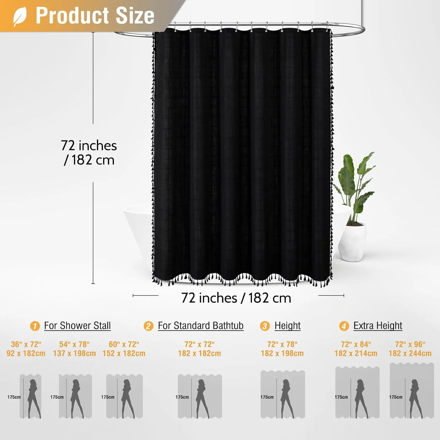 BTTN Black Boho Farmhouse Shower Curtain, Linen Rustic Heavy Duty Fabric Shower Curtain Set with Tassel, Water Repellent, Bohemian Vintage Country Thick Cloth Shower Curtains for Bathroom, 72x72