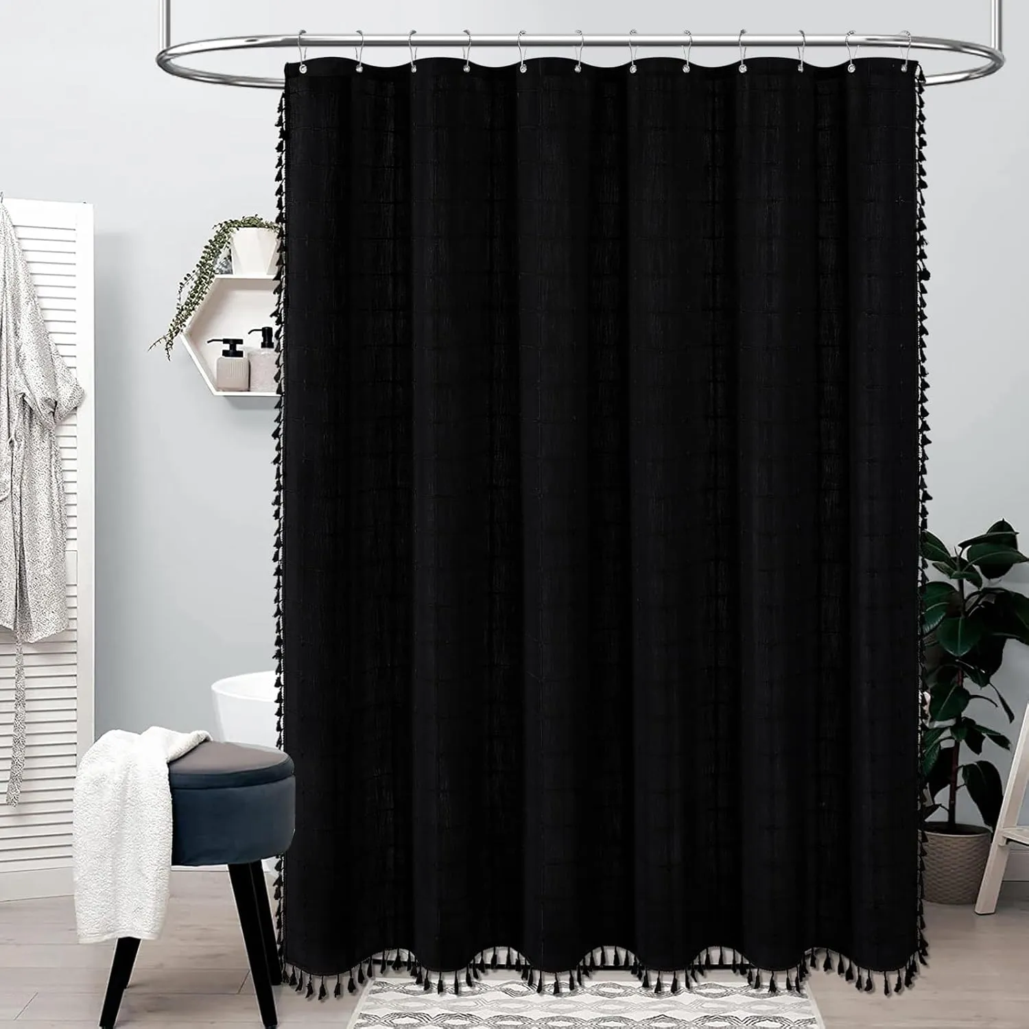 BTTN Black Boho Farmhouse Shower Curtain, Linen Rustic Heavy Duty Fabric Shower Curtain Set with Tassel, Water Repellent, Bohemian Vintage Country Thick Cloth Shower Curtains for Bathroom, 72x72