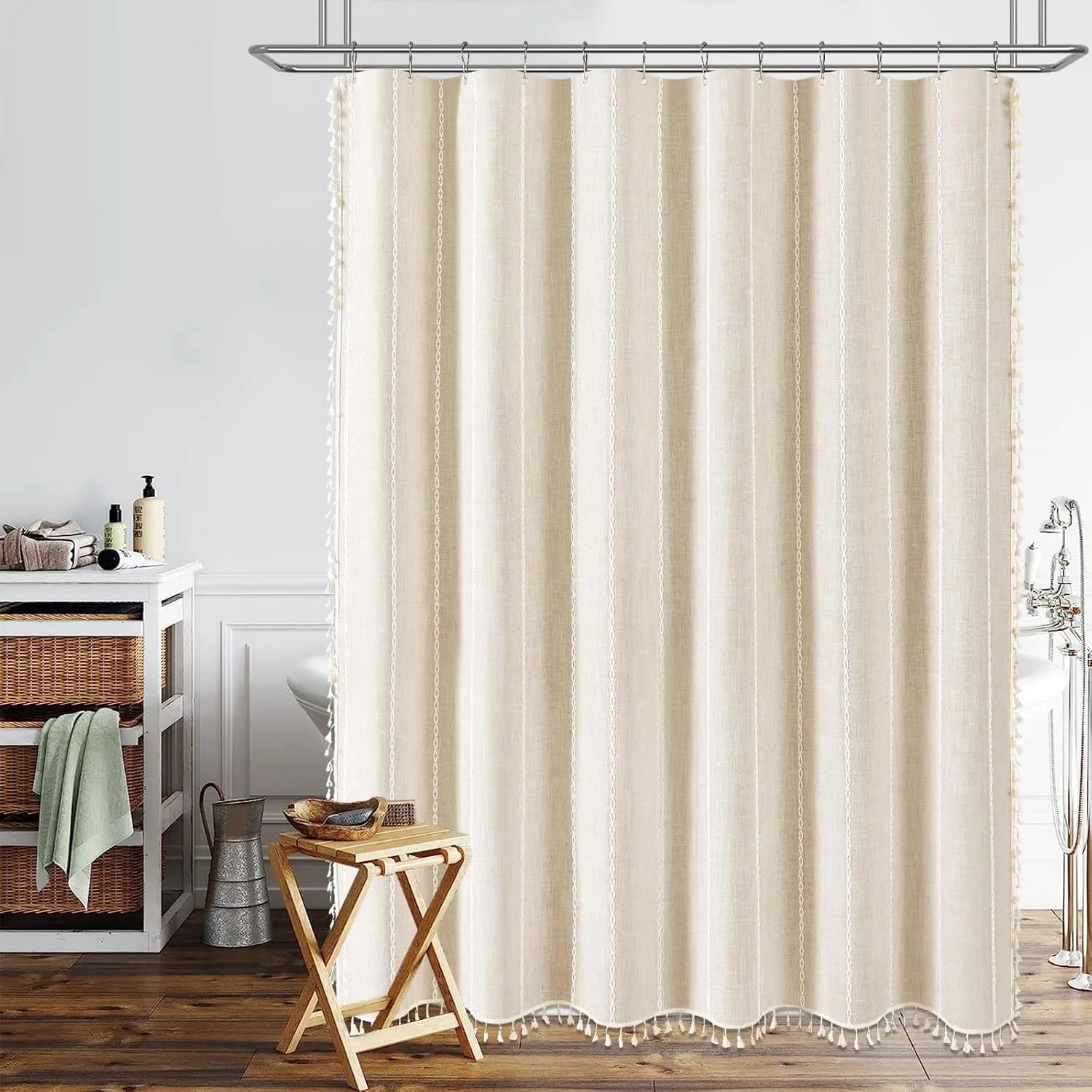 BTTN Boho Farmhouse Shower Curtain, Linen Rustic Weighted Striped Cloth Shower Curtain Set with Tassel, Water Repellent, Bohemian Vintage Country Fabric Shower Curtain for Bathroom, Cream/Beige, 72x72