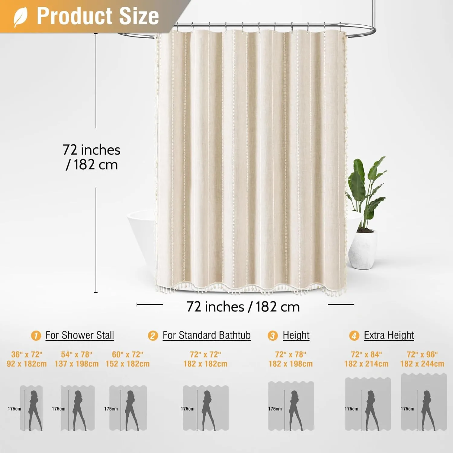 BTTN Boho Farmhouse Shower Curtain, Linen Rustic Weighted Striped Cloth Shower Curtain Set with Tassel, Water Repellent, Bohemian Vintage Country Fabric Shower Curtain for Bathroom, Cream/Beige, 72x72