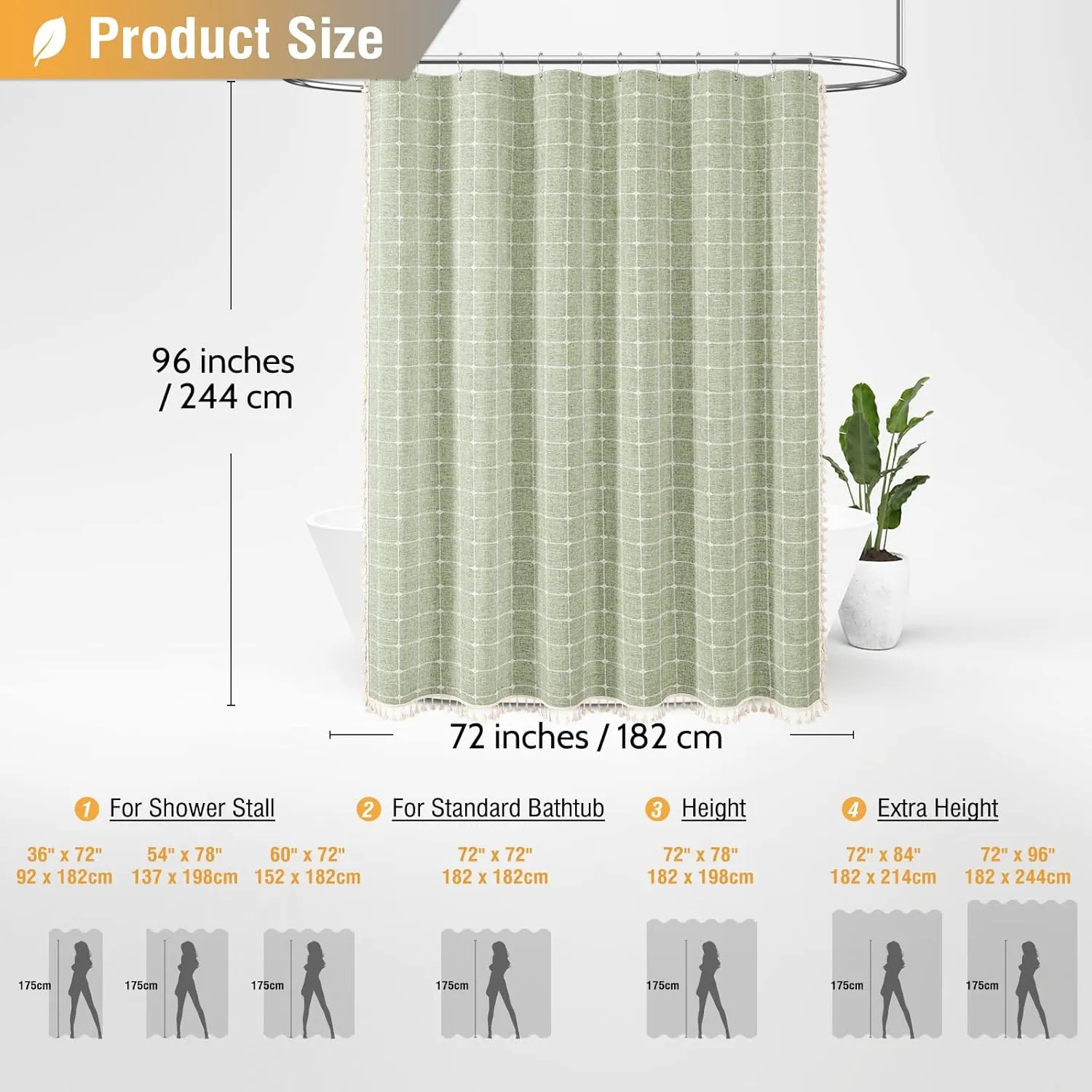 BTTN Extra Long Shower Curtain - 72x96 Inch Long Large Boho Linen Fabric Shower Curtain Set with Plastic Hooks, Tall Bohemian Farmhouse Rustic Vintage Cloth Shower Curtains for Bathroom - Sage Green