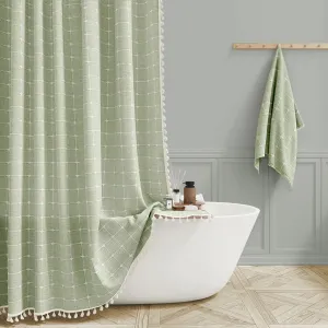 BTTN Extra Long Shower Curtain - 72x96 Inch Long Large Boho Linen Fabric Shower Curtain Set with Plastic Hooks, Tall Bohemian Farmhouse Rustic Vintage Cloth Shower Curtains for Bathroom - Sage Green