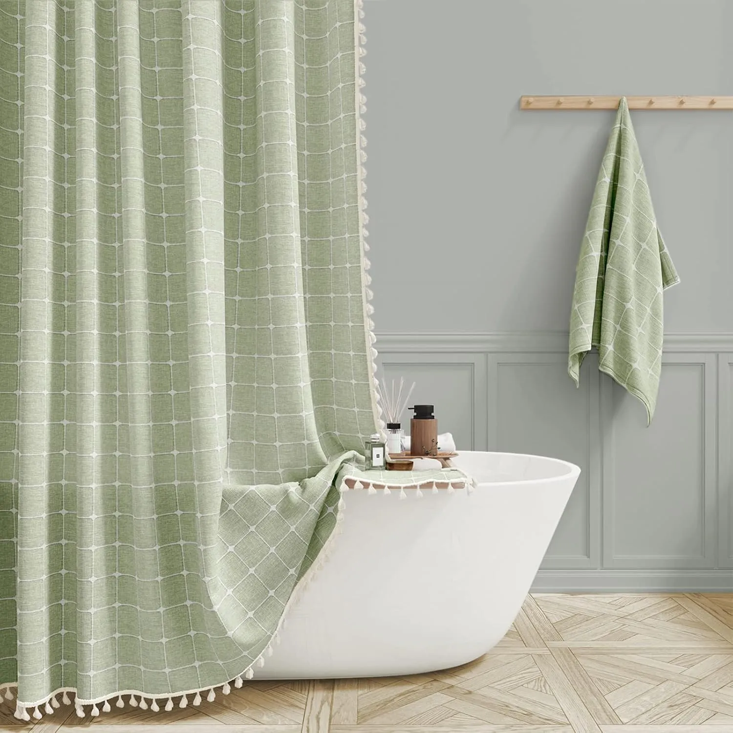 BTTN Extra Long Shower Curtain - 72x96 Inch Long Large Boho Linen Fabric Shower Curtain Set with Plastic Hooks, Tall Bohemian Farmhouse Rustic Vintage Cloth Shower Curtains for Bathroom - Sage Green
