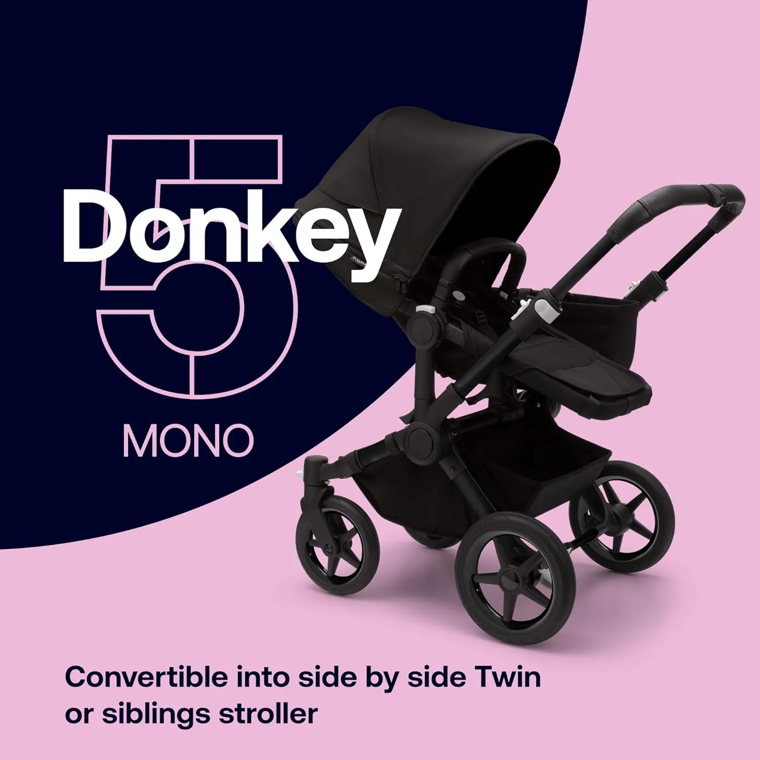 Bugaboo Donkey 5 Mono Complete Single Stroller Converts to Side-by-Side Double Stroller, Multiple Seat Positions - Black/Midnight Black-Misty White