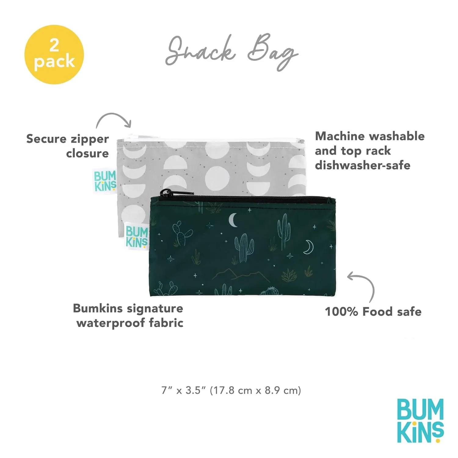 Bumkins Reusable Snack Bags, for Kids School Lunch and for Adults Portion, Washable Fabric, Waterproof Cloth Zip Bag, Supplies Travel Pouch, Food-Safe Storage, 2-pk Desert Night Dk. Green and Gray