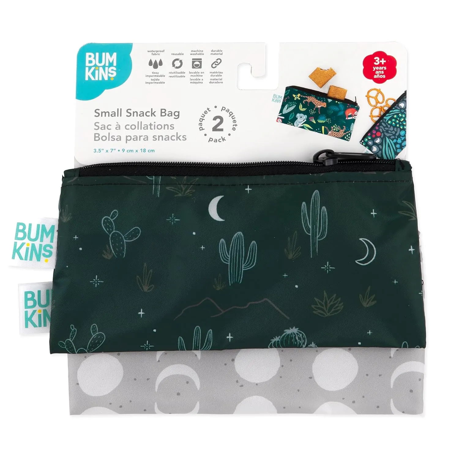 Bumkins Reusable Snack Bags, for Kids School Lunch and for Adults Portion, Washable Fabric, Waterproof Cloth Zip Bag, Supplies Travel Pouch, Food-Safe Storage, 2-pk Desert Night Dk. Green and Gray