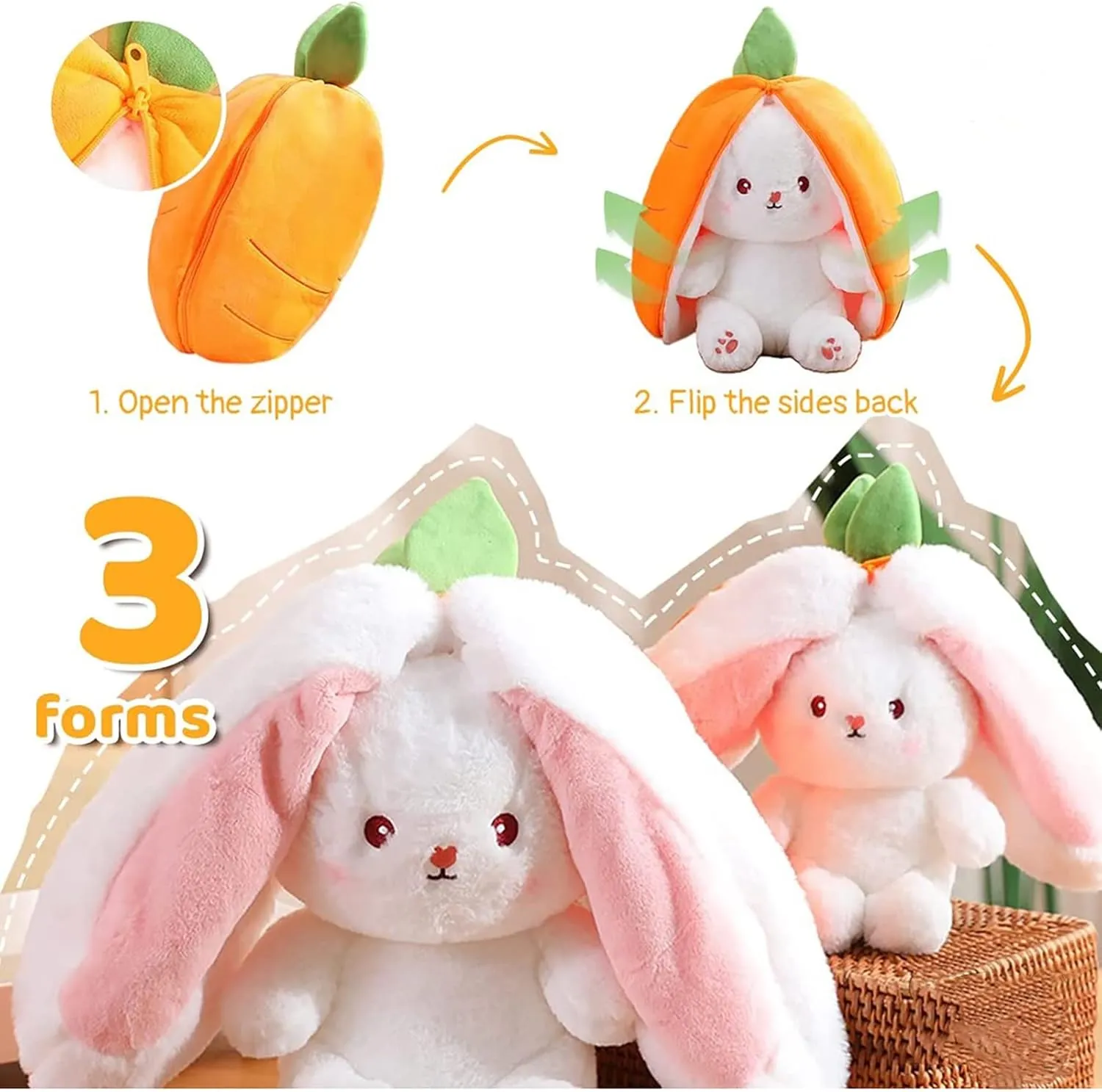 Bunny Plush Doll Toy Pillow, Reversible Carrot Strawberry Bunny Stuffed Animal with Zipper, Cute Rabbit Decoration for Kids & Adult Birthday Party Gift (1pcs 10" Carrot)