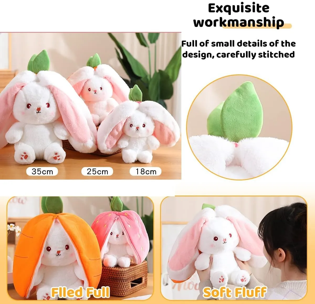 Bunny Plush Doll Toy Pillow, Reversible Carrot Strawberry Bunny Stuffed Animal with Zipper, Cute Rabbit Decoration for Kids & Adult Birthday Party Gift (1pcs 10" Carrot)