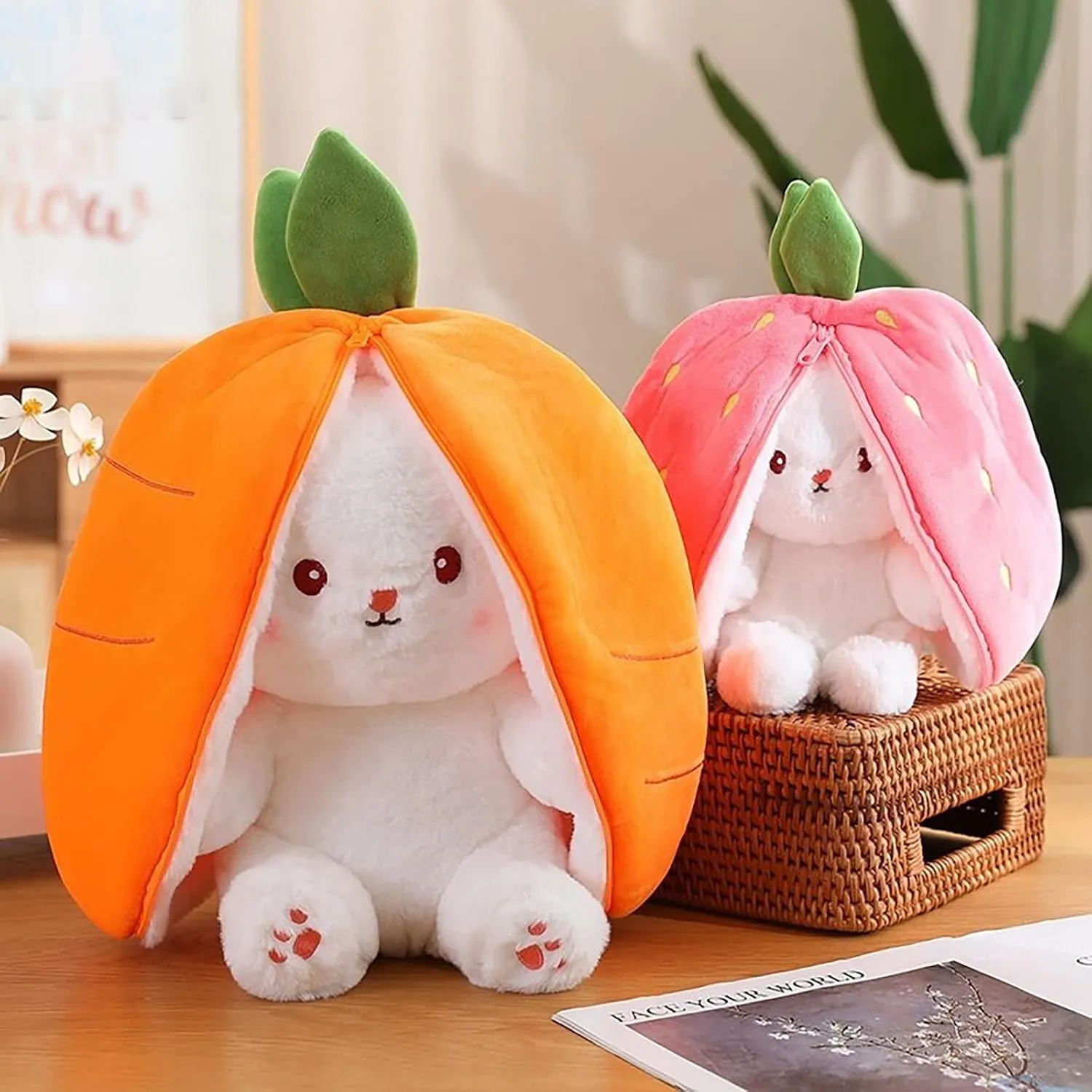 Bunny Plush Doll Toy Pillow, Reversible Carrot Strawberry Bunny Stuffed Animal with Zipper, Cute Rabbit Decoration for Kids & Adult Birthday Party Gift (1pcs 10" Carrot)