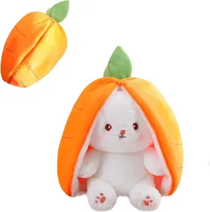 Bunny Plush Doll Toy Pillow, Reversible Carrot Strawberry Bunny Stuffed Animal with Zipper, Cute Rabbit Decoration for Kids & Adult Birthday Party Gift (1pcs 10" Carrot)