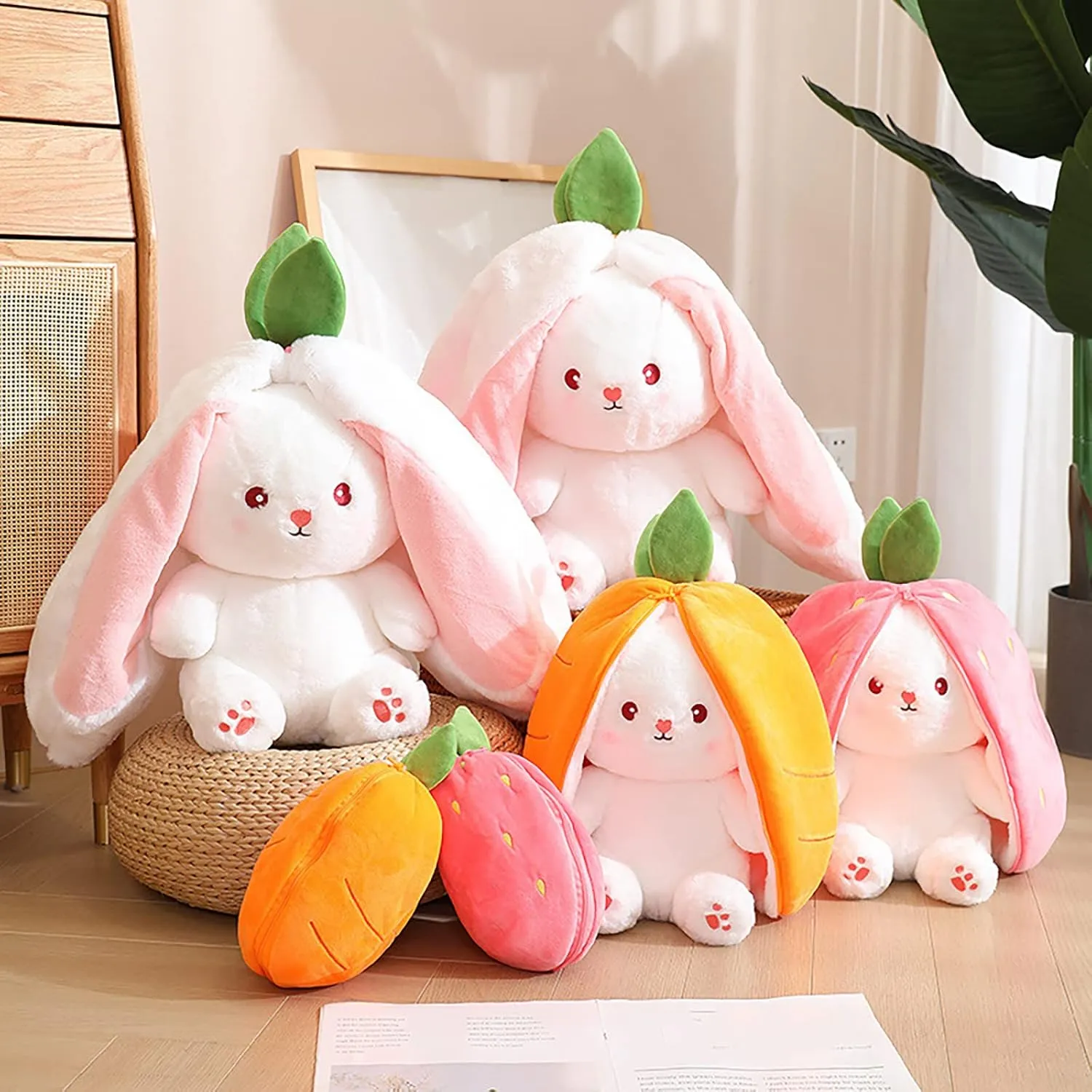 Bunny Plush Doll Toy Pillow, Reversible Carrot Strawberry Bunny Stuffed Animal with Zipper, Cute Rabbit Decoration for Kids & Adult Birthday Party Gift (1pcs 10" Carrot)