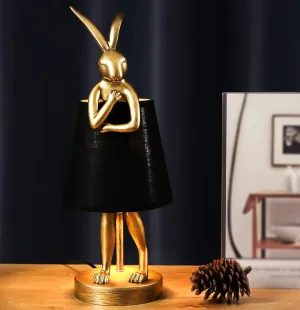 Bunny Table Lamp, Resin Rabbit Desk Light, Animal Lamps with Linen Shade, Vintage Antique Gold Main Part (Black Lamp Shade)