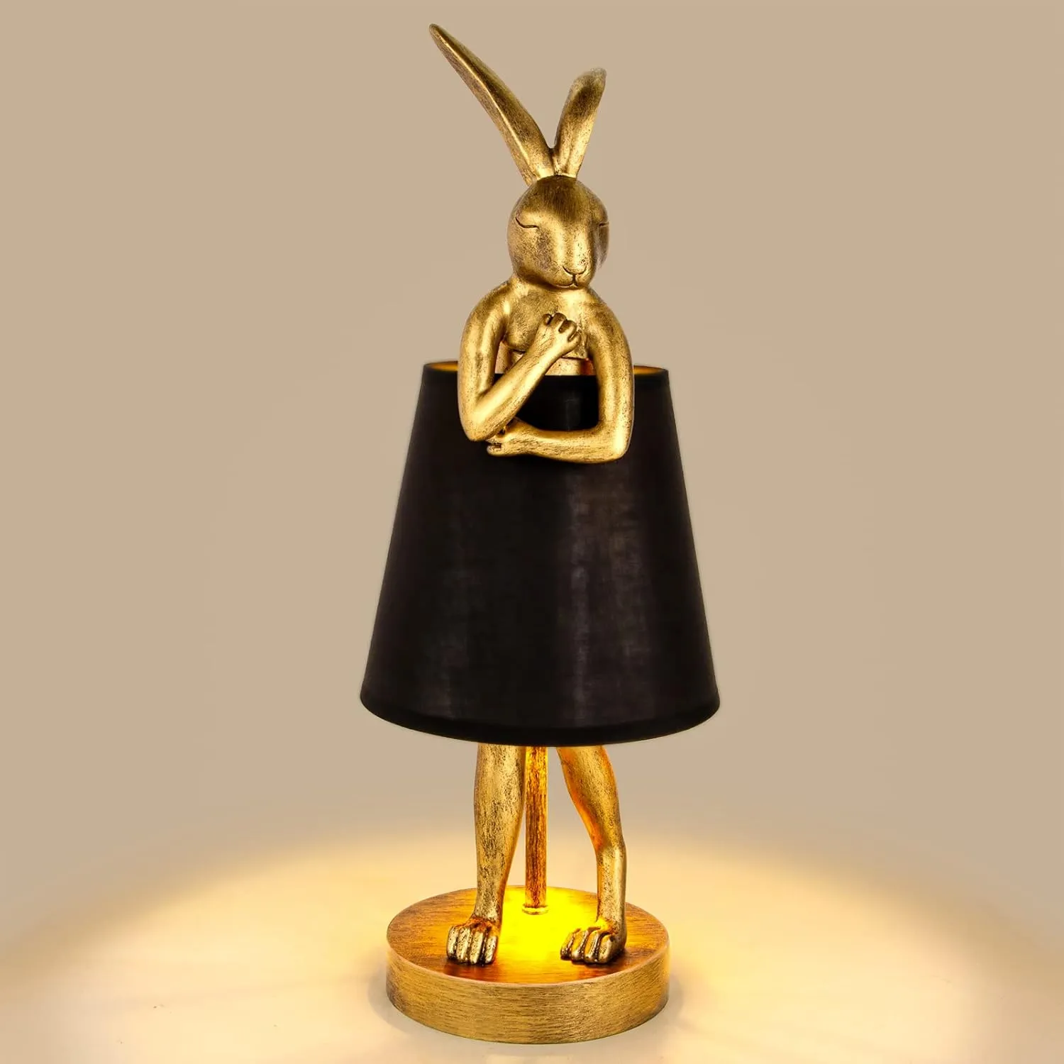 Bunny Table Lamp, Resin Rabbit Desk Light, Animal Lamps with Linen Shade, Vintage Antique Gold Main Part (Black Lamp Shade)