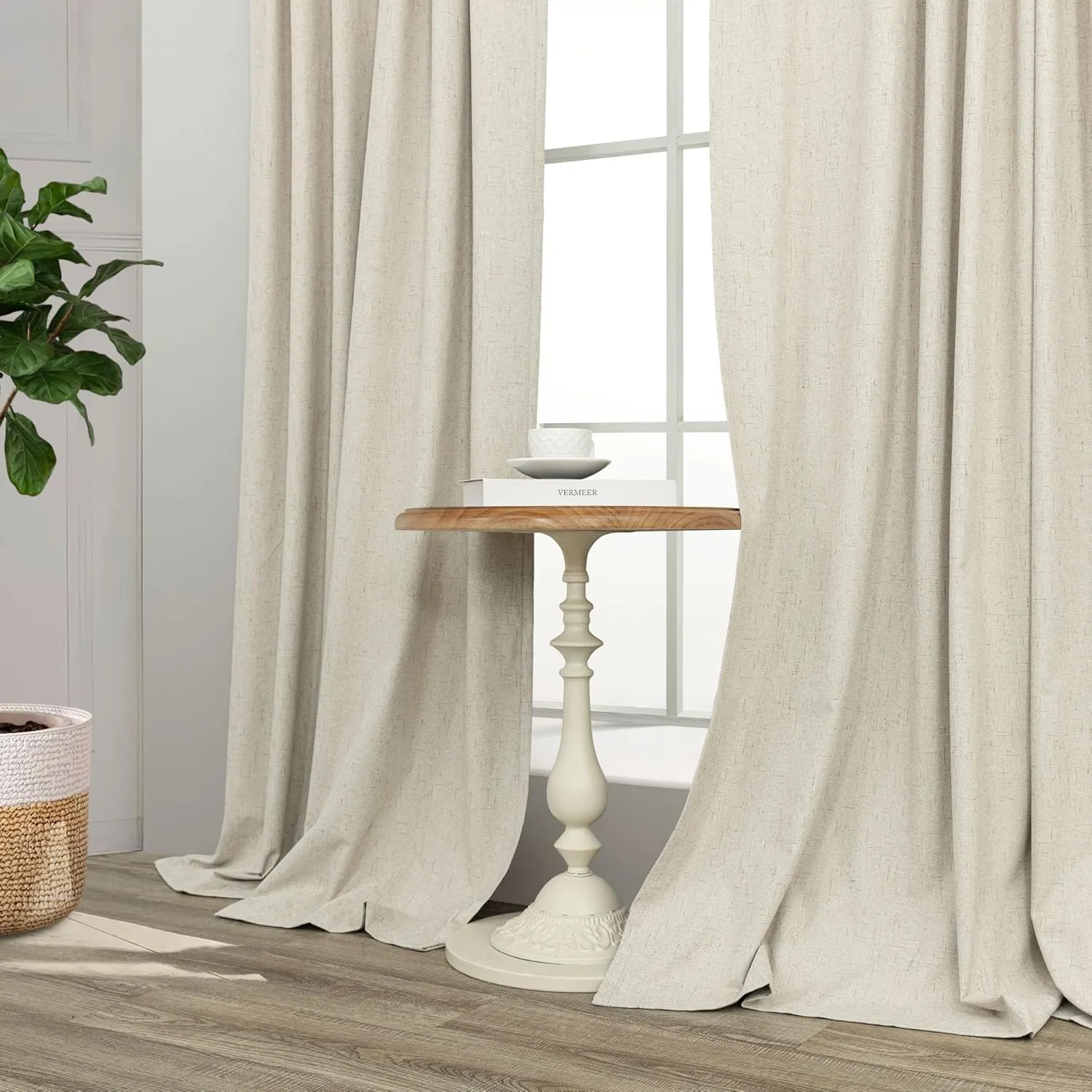Burlap Colored Blackout Curtain 84 Inch Length 2 Panel Faux Linen Modern Farmhouse Living Room Darkening Curtain for Bedroom Window Black Out Drape for Sliding Glass Door Back Tab 7ft Long 52x84 Beige
