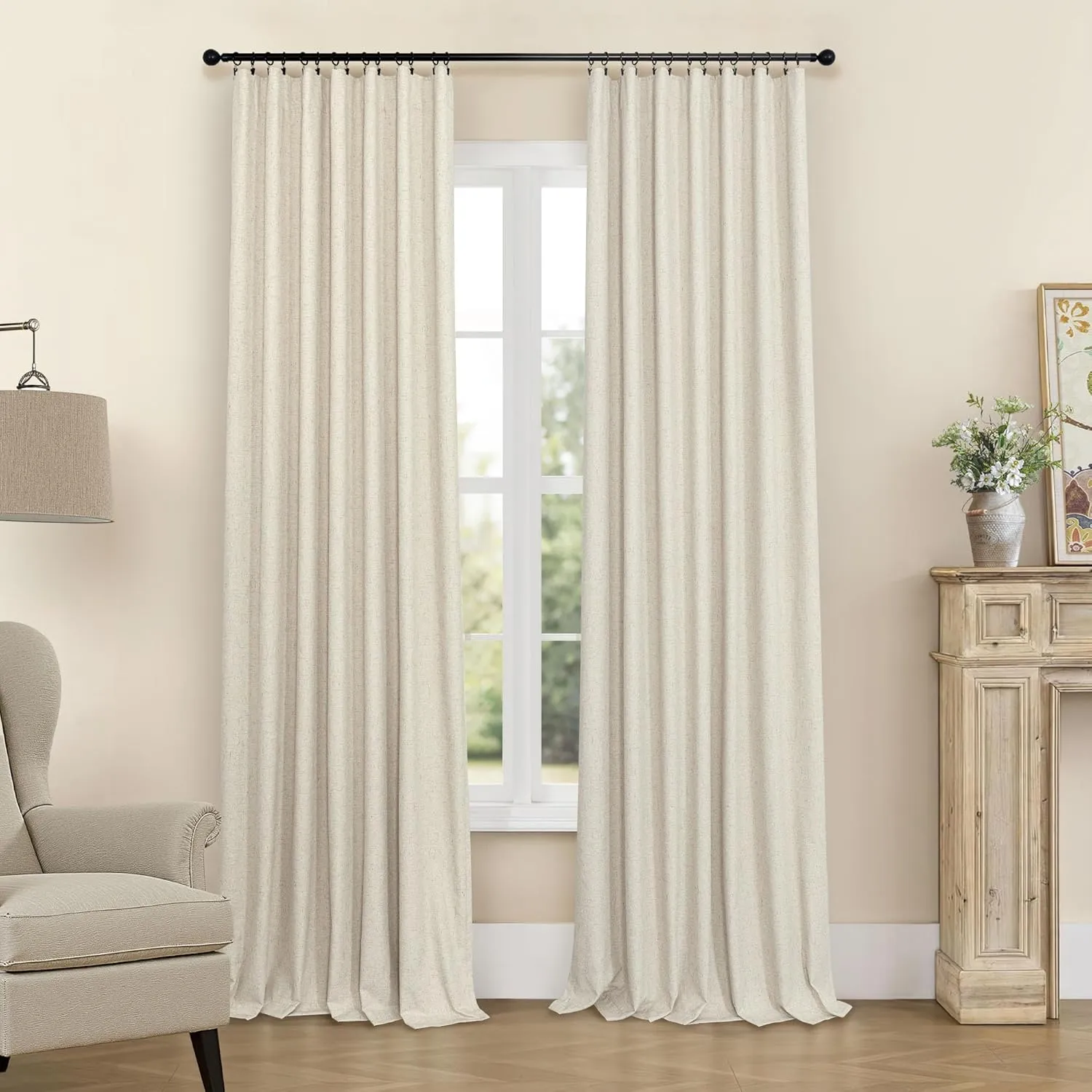 Burlap Colored Blackout Curtain 84 Inch Length 2 Panel Faux Linen Modern Farmhouse Living Room Darkening Curtain for Bedroom Window Black Out Drape for Sliding Glass Door Back Tab 7ft Long 52x84 Beige