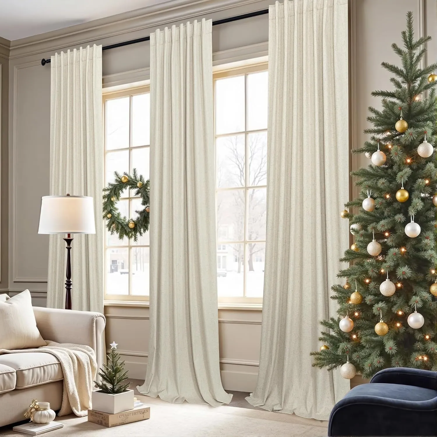 Burlap Colored Blackout Curtain 84 Inch Length 2 Panel Faux Linen Modern Farmhouse Living Room Darkening Curtain for Bedroom Window Black Out Drape for Sliding Glass Door Back Tab 7ft Long 52x84 Beige