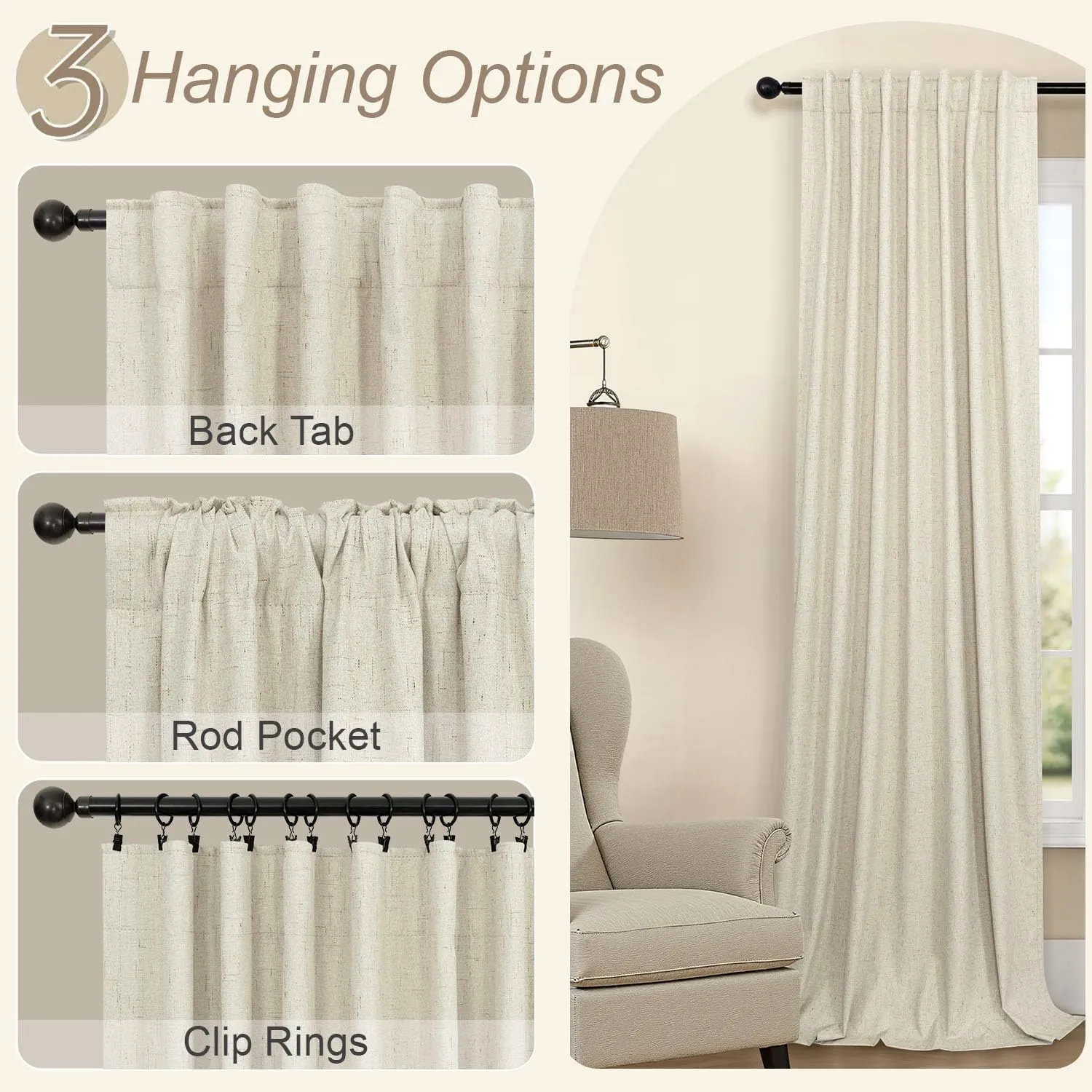 Burlap Colored Blackout Curtain 84 Inch Length 2 Panel Faux Linen Modern Farmhouse Living Room Darkening Curtain for Bedroom Window Black Out Drape for Sliding Glass Door Back Tab 7ft Long 52x84 Beige