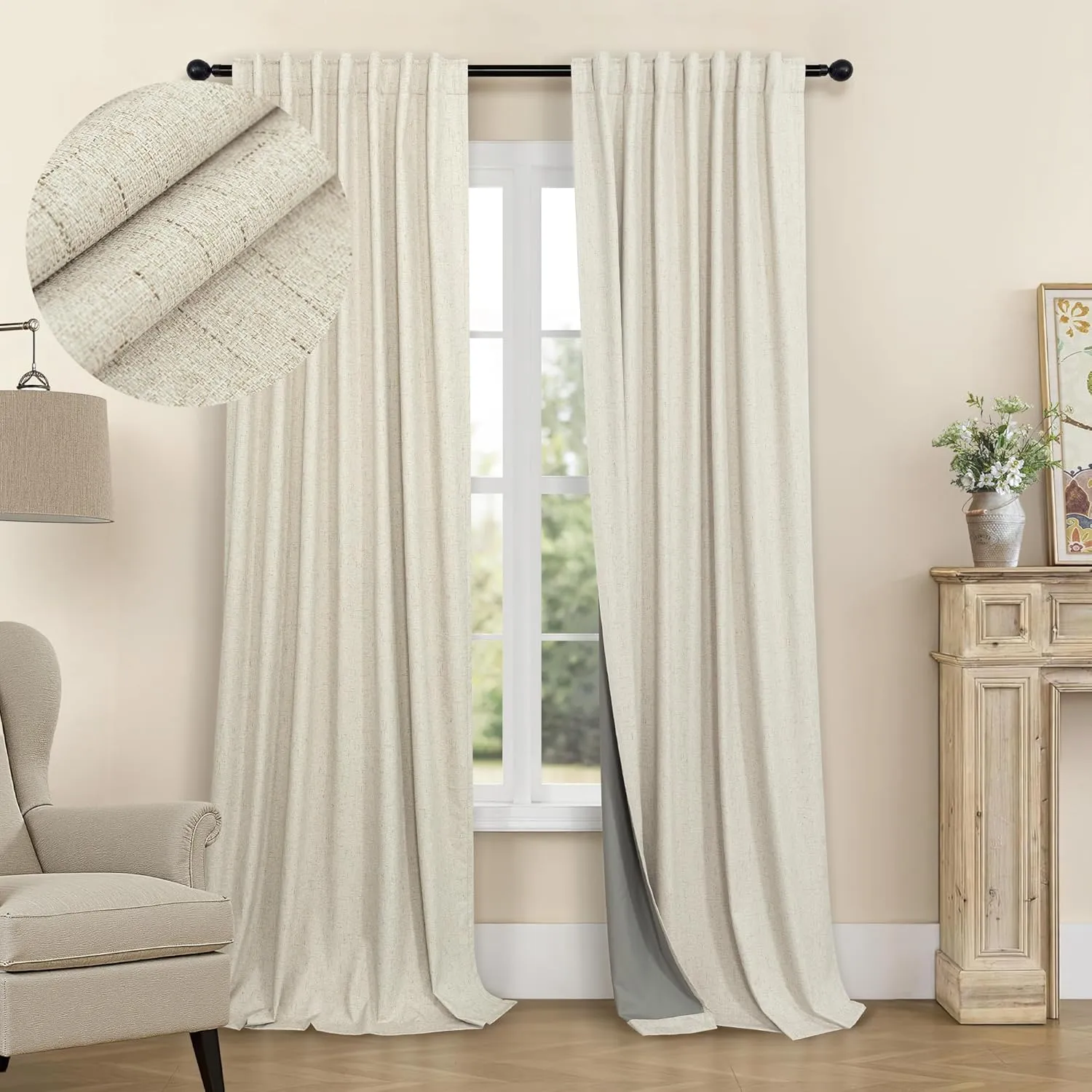 Burlap Colored Blackout Curtain 84 Inch Length 2 Panel Faux Linen Modern Farmhouse Living Room Darkening Curtain for Bedroom Window Black Out Drape for Sliding Glass Door Back Tab 7ft Long 52x84 Beige