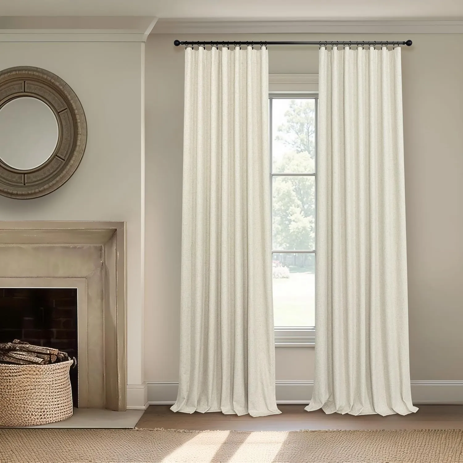 Burlap Colored Blackout Curtain 84 Inch Length 2 Panel Faux Linen Modern Farmhouse Living Room Darkening Curtain for Bedroom Window Black Out Drape for Sliding Glass Door Back Tab 7ft Long 52x84 Beige