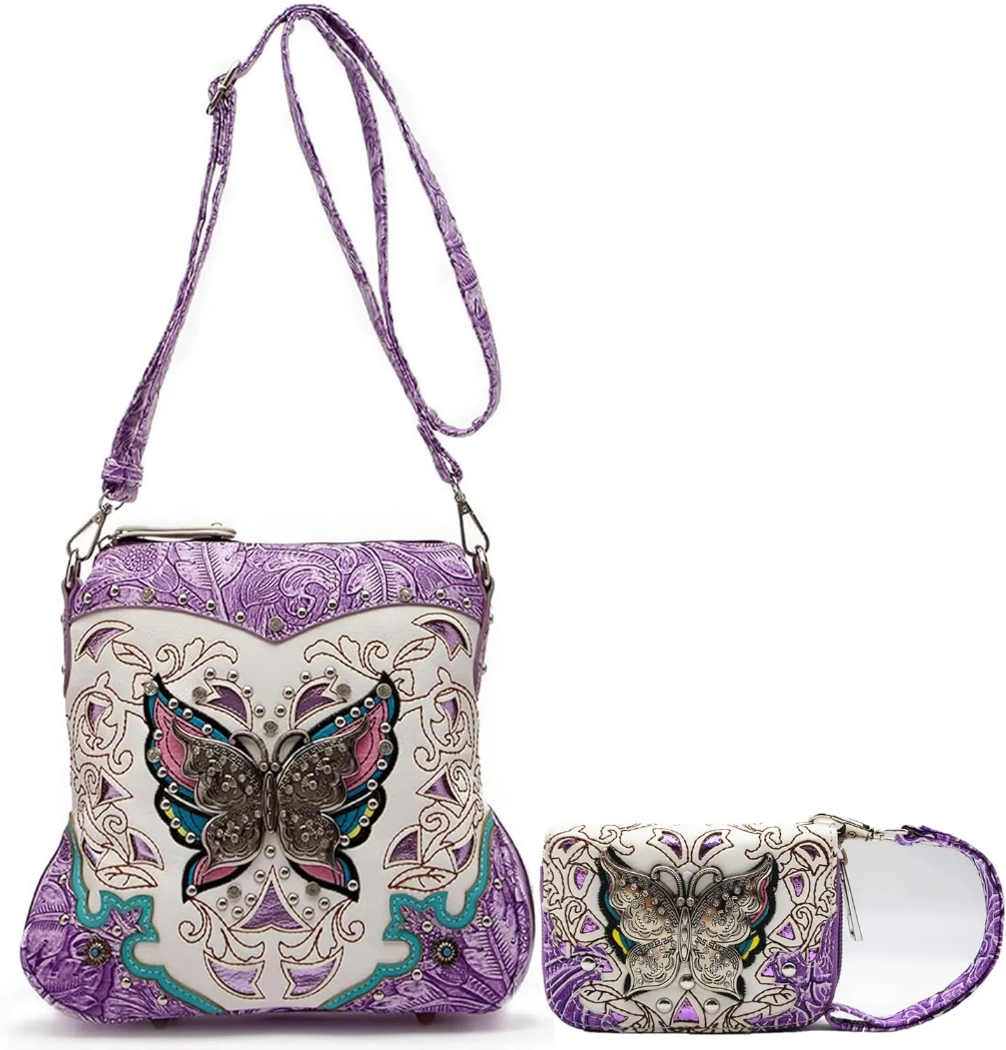 Butterfly Flower Springtime Purse Women Clutch Western CCW Rhinestone Crossbody Handbags With Mini Wallet