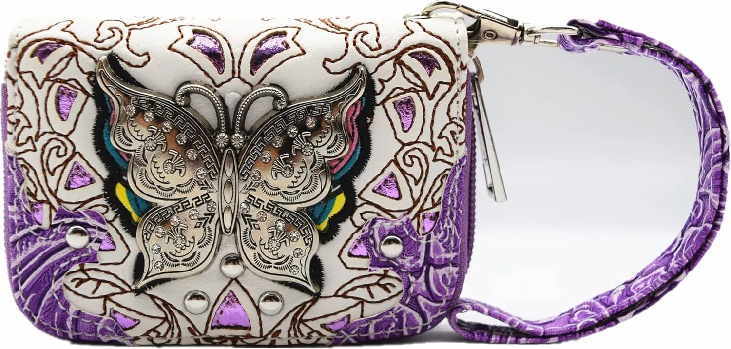 Butterfly Flower Springtime Purse Women Clutch Western CCW Rhinestone Crossbody Handbags With Mini Wallet