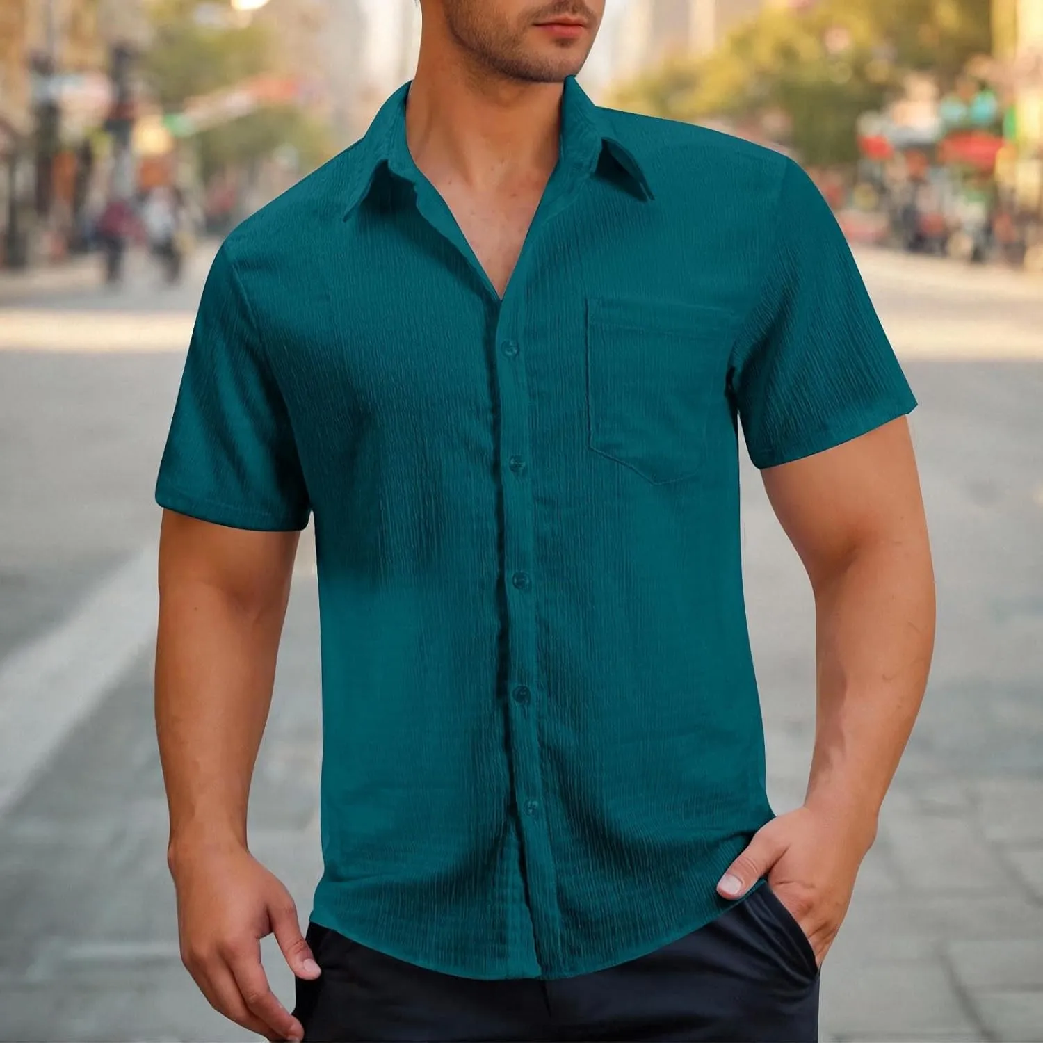 Button Down Shirt for Men Summer Solid Button Short Sleeve Lapel Blouse Casual Fashion Vintage Beach Hawaiian Tops