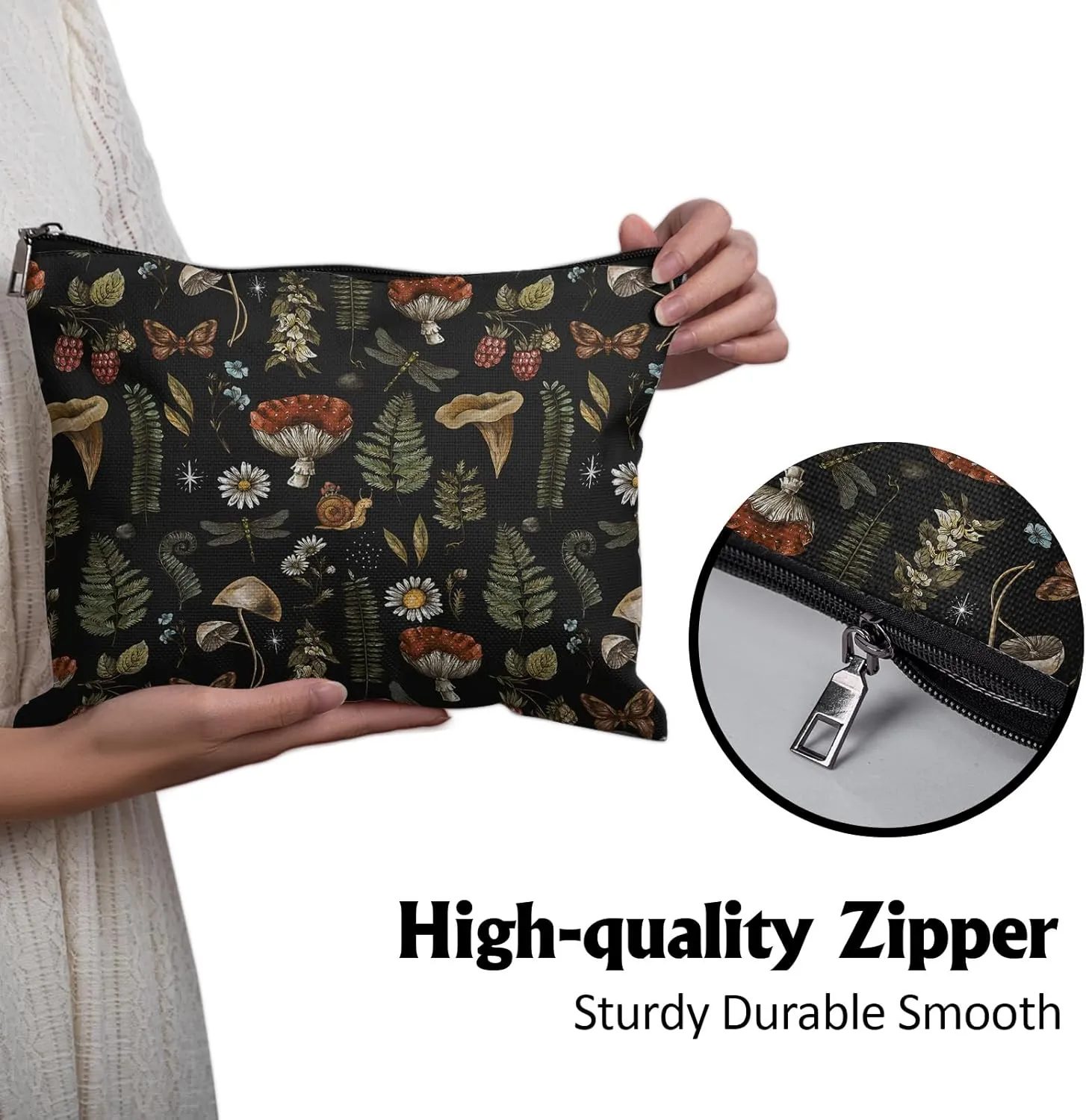 Cafl Vintage Woodland Makeup Bag Travel Large Mushroom Fern Cosmetic Bag Organizer toiletry Essentials Jewelry Skincare Zipper Bag For Women -10×8 inch