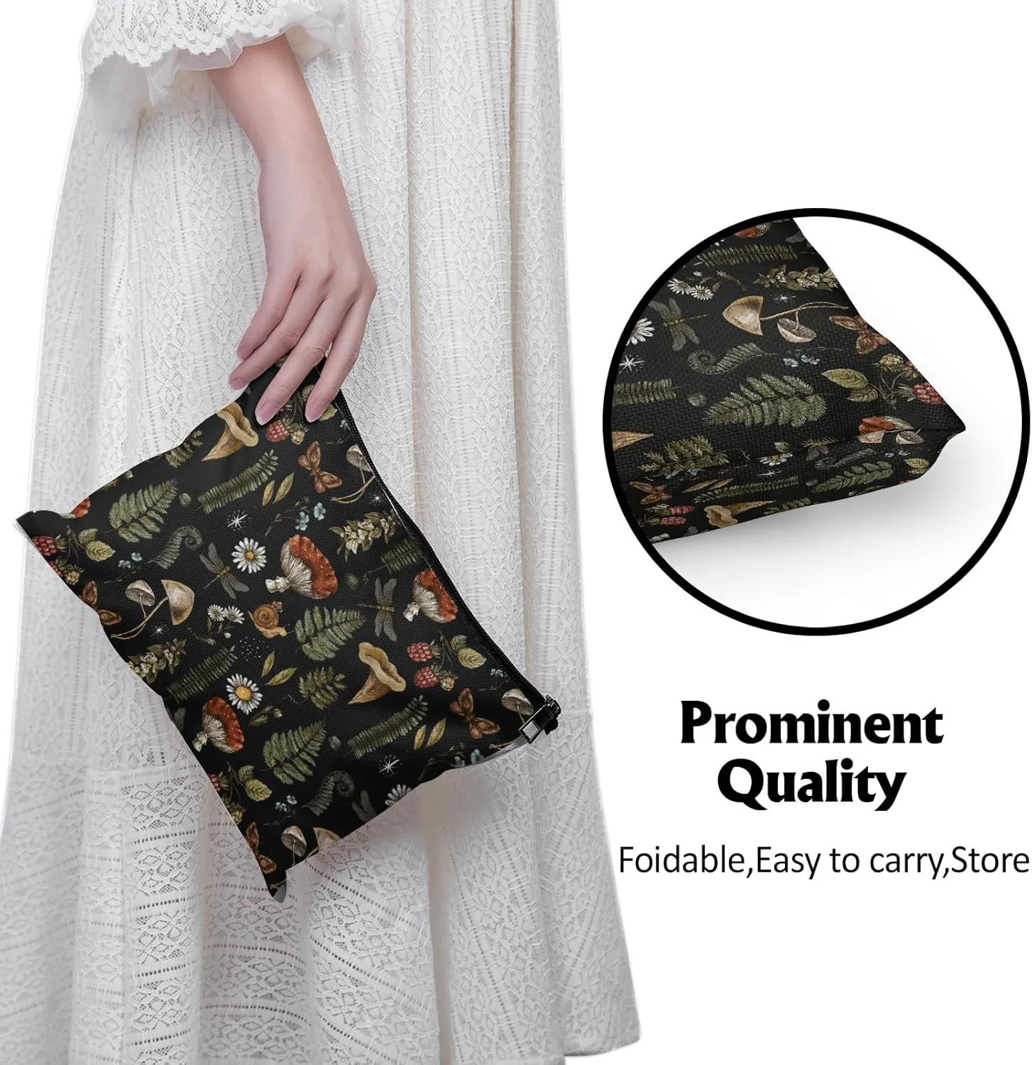 Cafl Vintage Woodland Makeup Bag Travel Large Mushroom Fern Cosmetic Bag Organizer toiletry Essentials Jewelry Skincare Zipper Bag For Women -10×8 inch