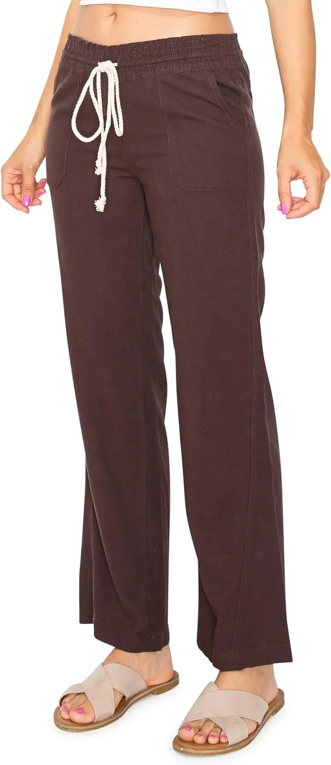 Cali1850 Women's Casual Linen Pants - 29", 32" Oceanside Drawstring Smocked Waist Beach Lounge Trousers with Pockets