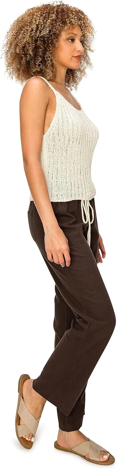 Cali1850 Women's Casual Linen Pants - 29", 32" Oceanside Drawstring Smocked Waist Beach Lounge Trousers with Pockets