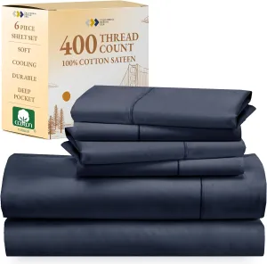 California Design Den 6-Pc King Size Sheet Set with 4 Pillowcases - Soft 400 Thread Count 100% Cotton Sheets, Cooling Sateen Weave, Luxury Deep Pocket Bedsheets Set - Indigo Dusty Blue