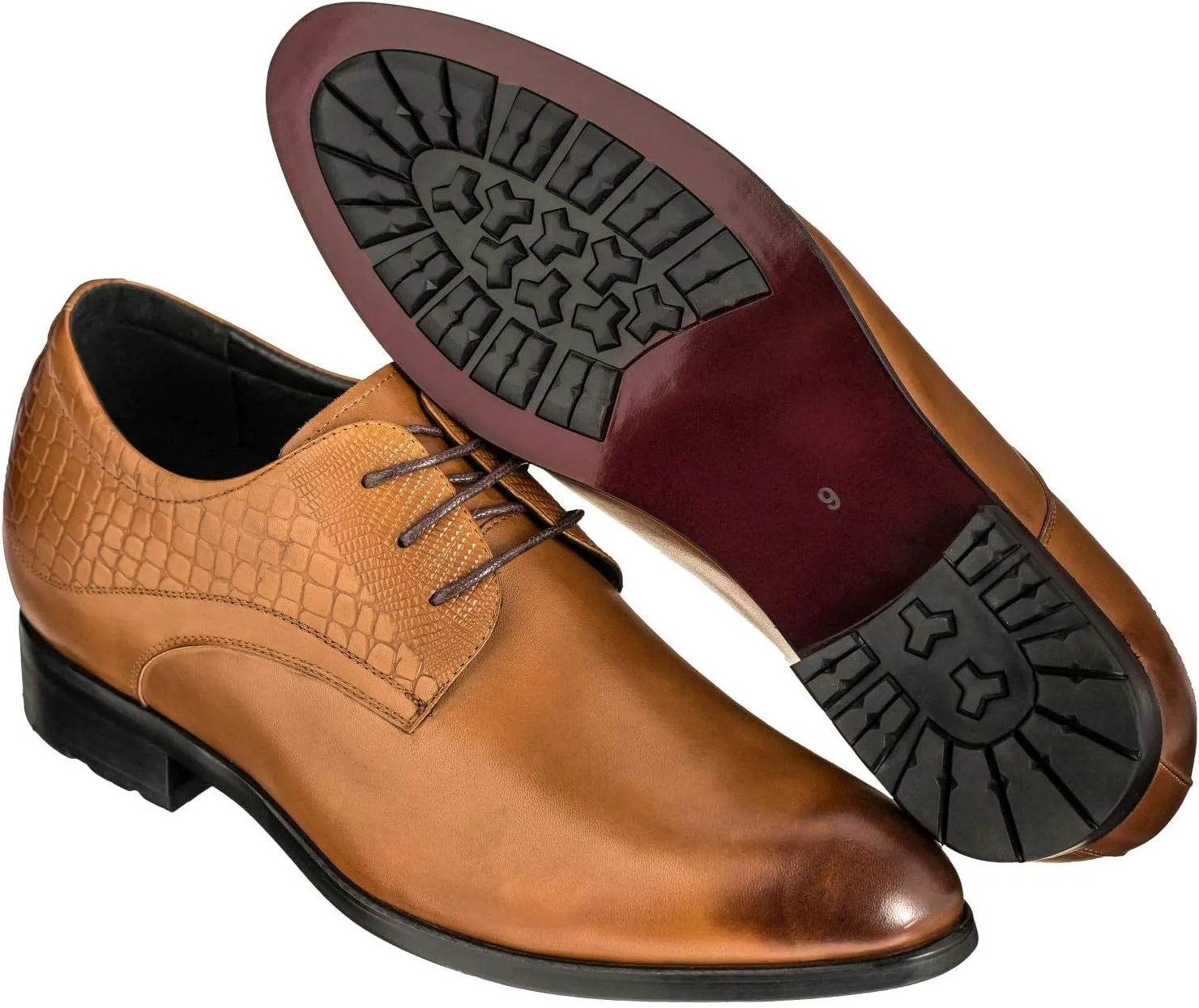 CALTO Height Increasing Elevator Shoes 3 Inches Taller - Light Tan Leather Dress Shoes - Men Invisible Elevated High Heels Oxfords A329013 - Size 8 D(M) US