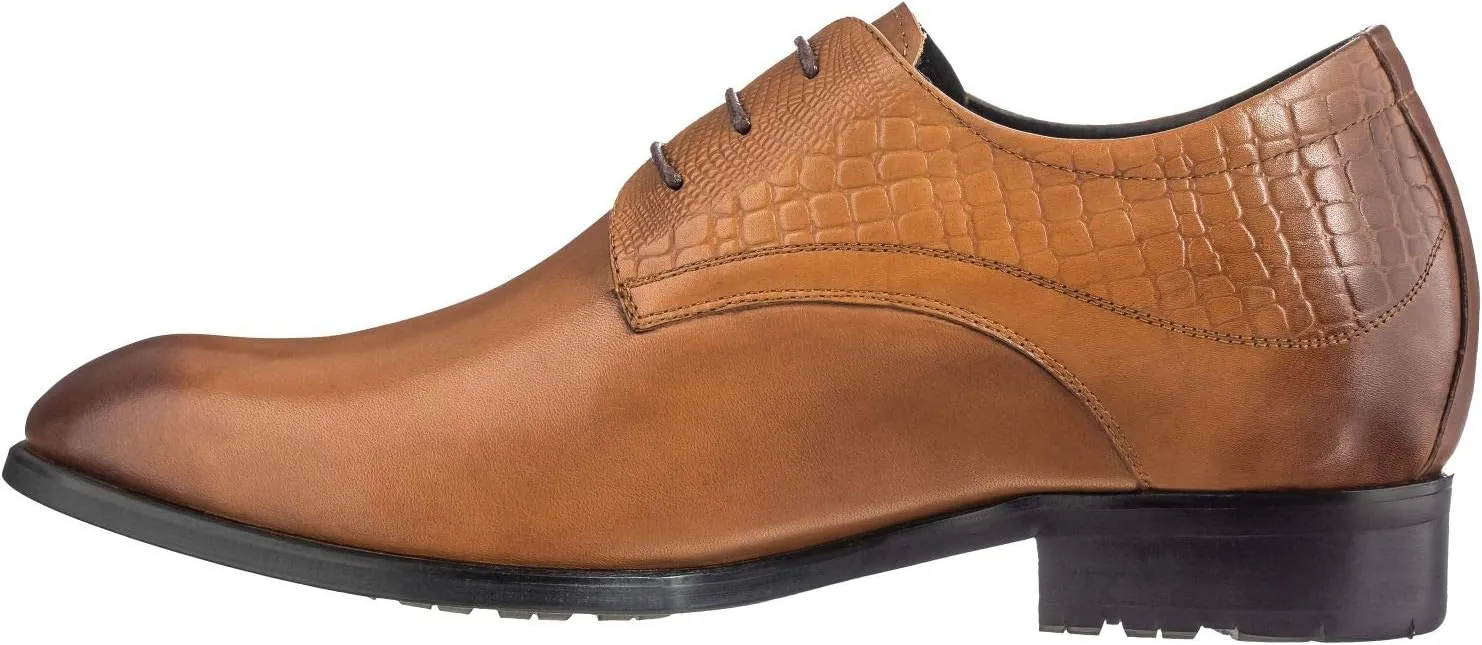 CALTO Height Increasing Elevator Shoes 3 Inches Taller - Light Tan Leather Dress Shoes - Men Invisible Elevated High Heels Oxfords A329013 - Size 8 D(M) US