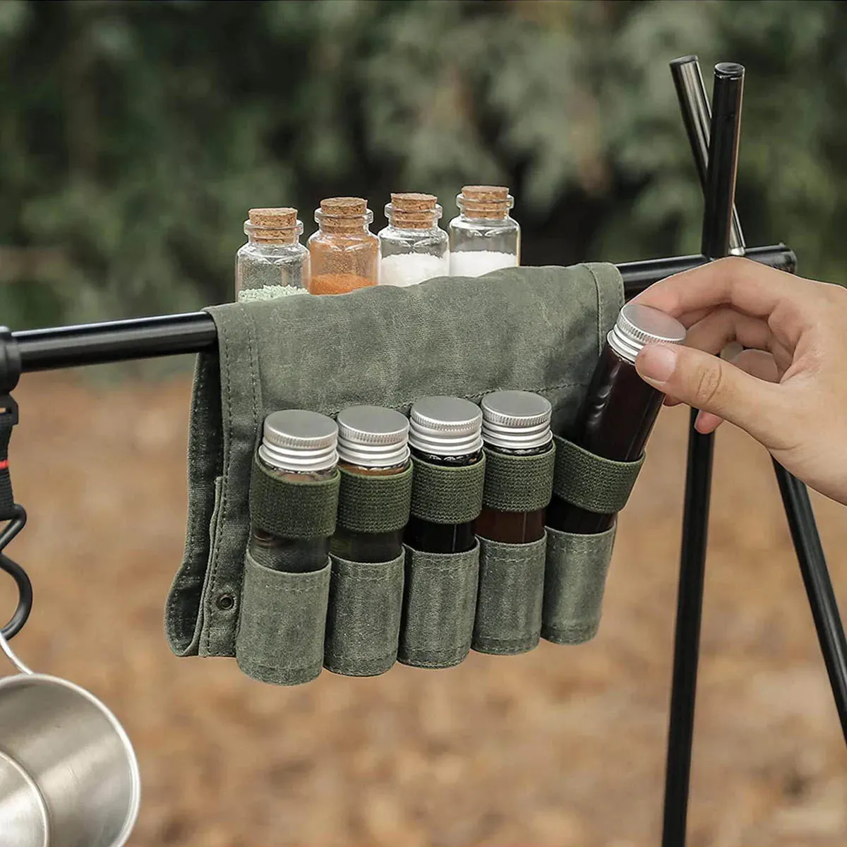 Canvas Spice Bag with 9 Spice Jars - Seasoning Storage Organizer for Outdoor Cooking