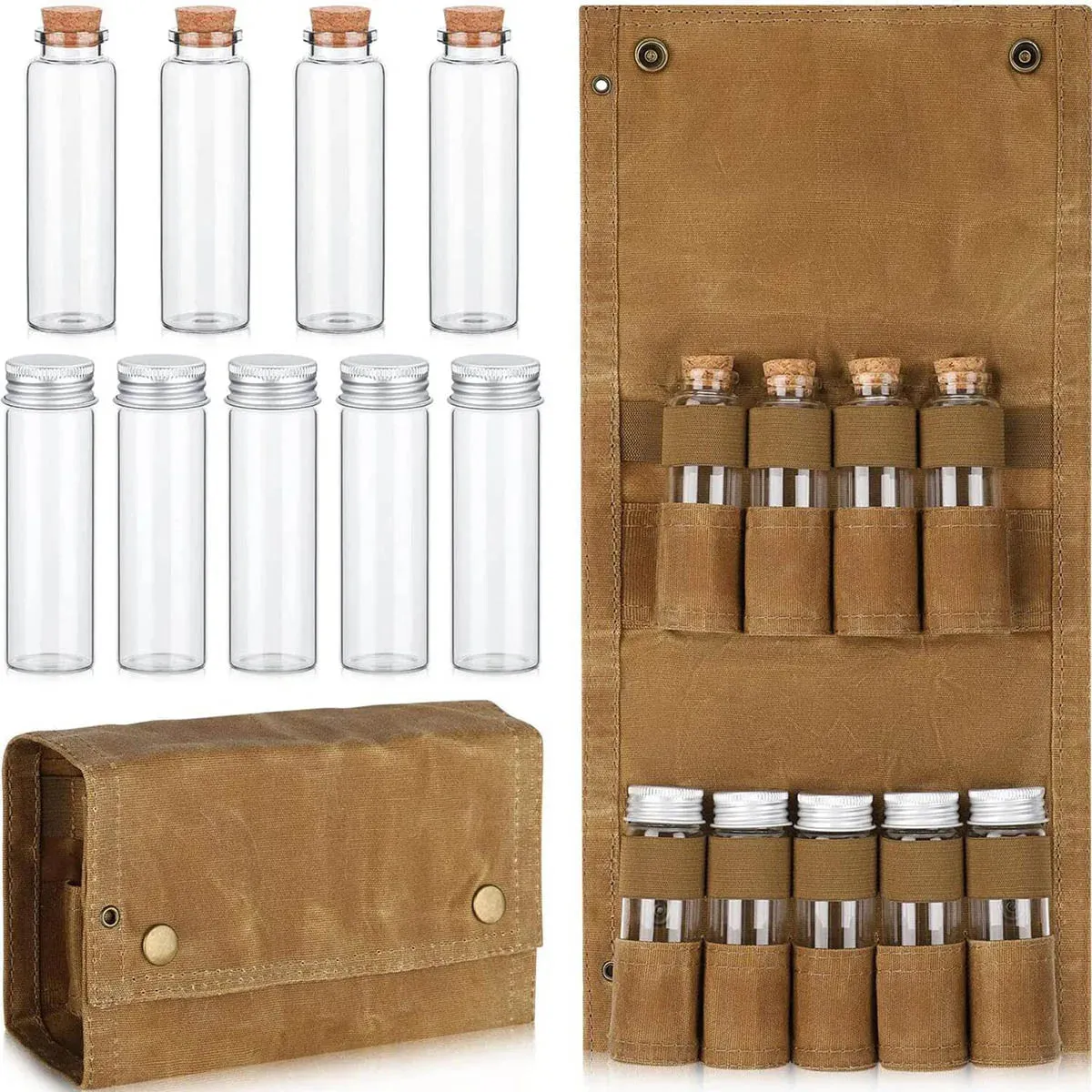 Canvas Spice Bag with 9 Spice Jars - Seasoning Storage Organizer for Outdoor Cooking