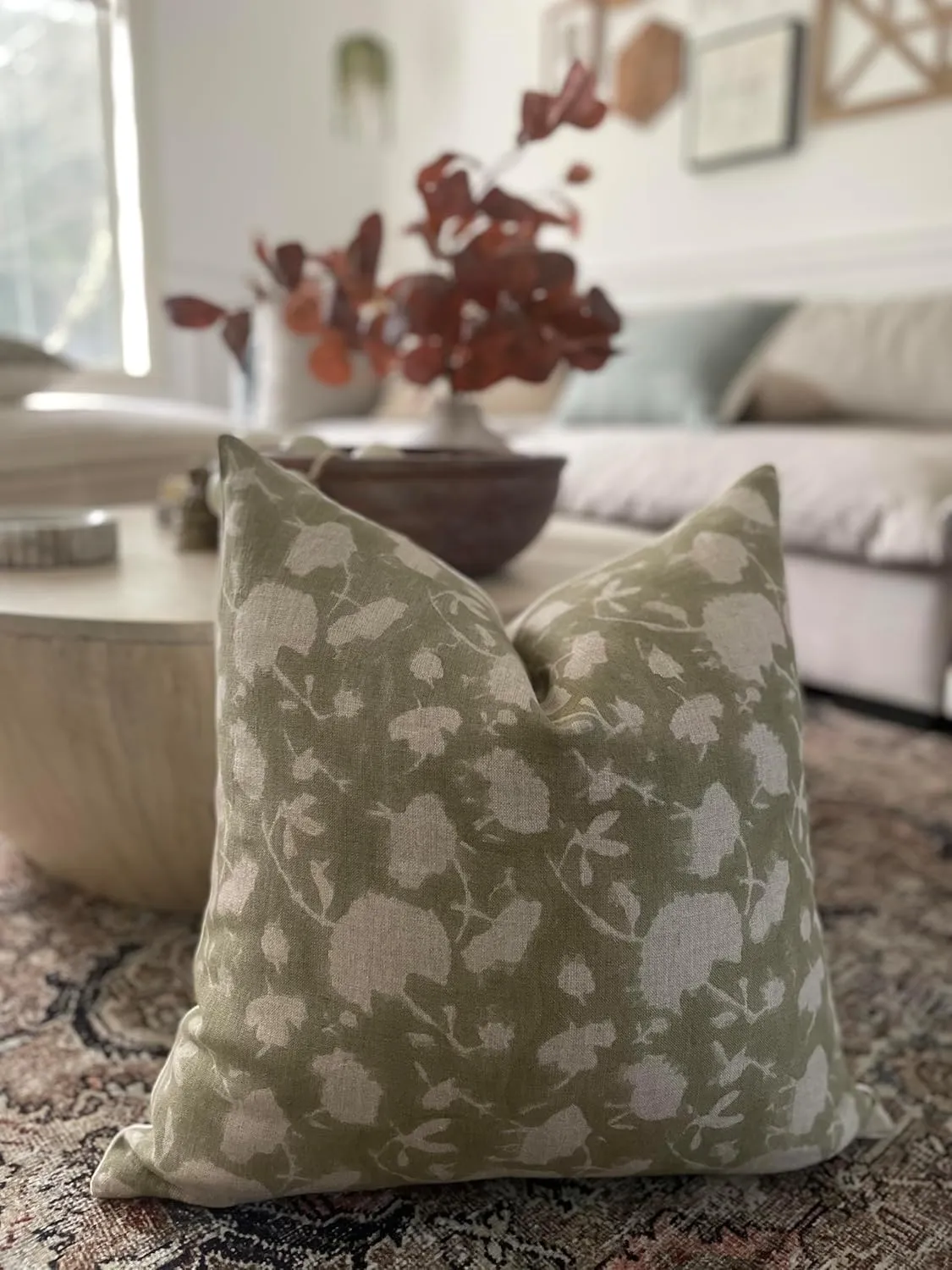 Canyon Theory Hand Block Print Pure Linen 20x20 Inch Throw Pillow Cover: Handmade Vintage Cushion Cover (Sage)