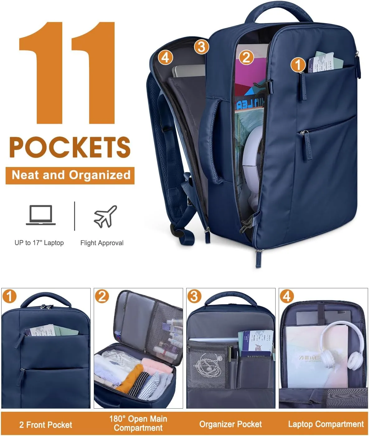 Capolo Travel Backpack for Women Men Waterproof Laptop Backpack Airlines Approved Carry On Backpack Bag Computer Backpack for Business, Work, Traveling Fits 17 Inch Laptop(Dark Blue)