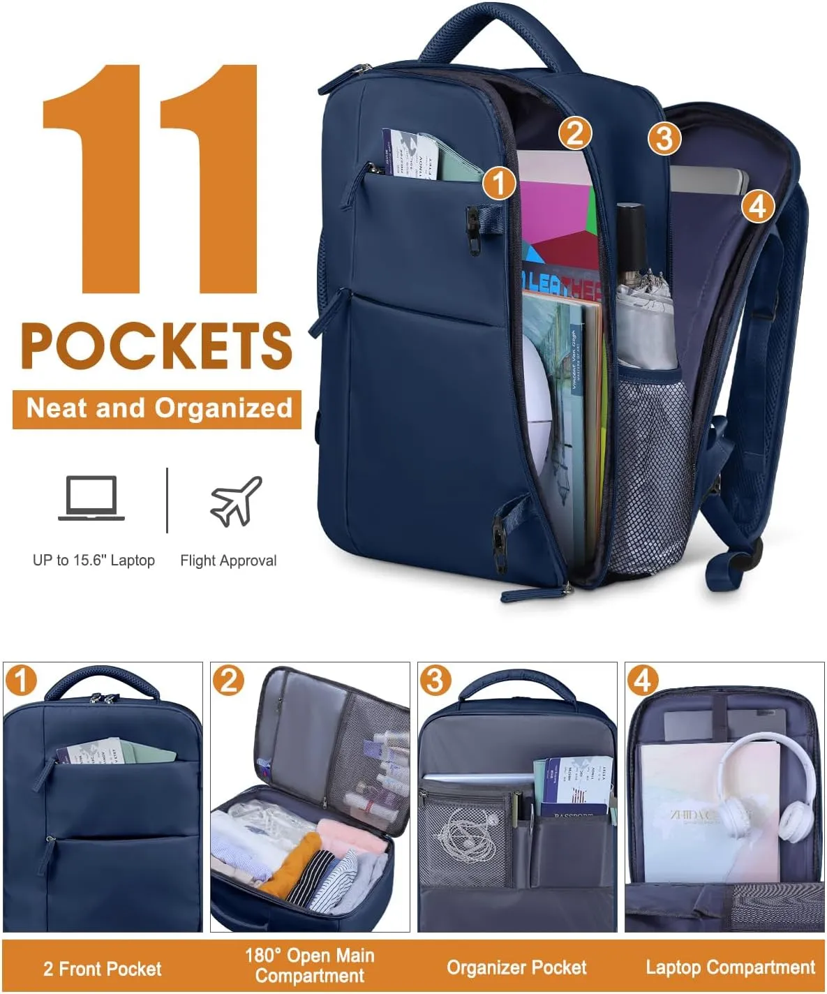 Capolo Travel Backpack for Women Men Waterproof Laptop Backpack Airlines Approved Carry On Backpack Bag Computer Bookbag for Business, Work, Traveling Fits 15.6 Inch Laptop(Dark Blue)