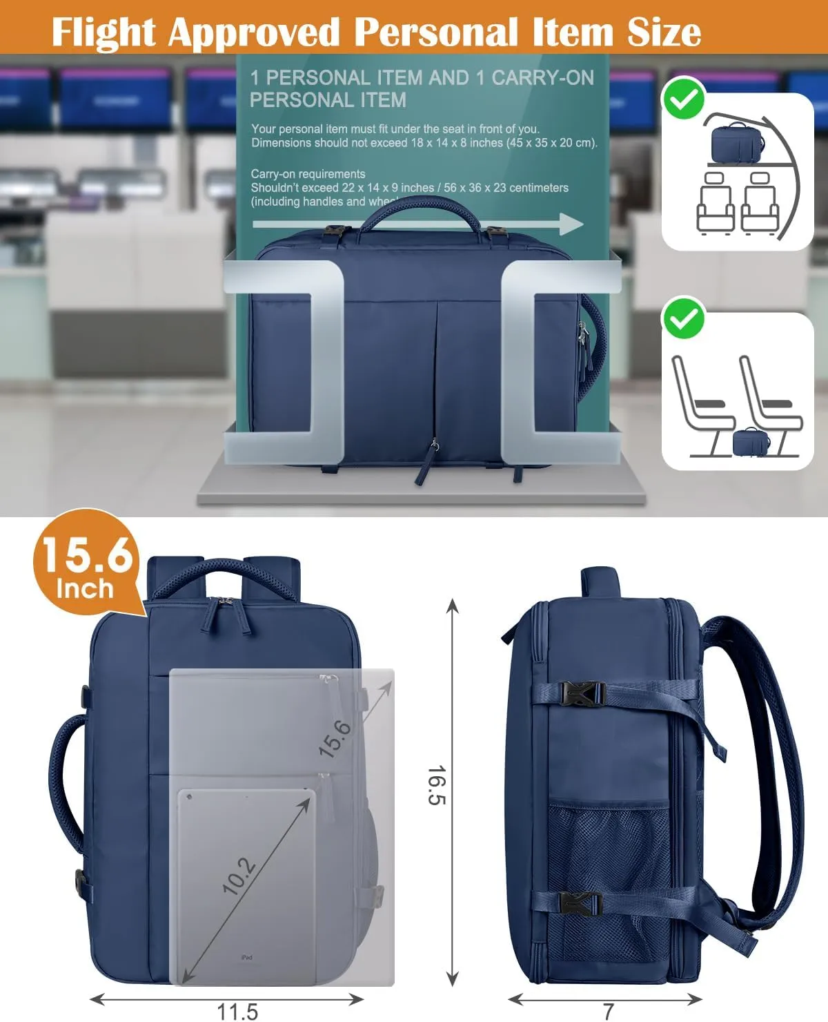 Capolo Travel Backpack for Women Men Waterproof Laptop Backpack Airlines Approved Carry On Backpack Bag Computer Bookbag for Business, Work, Traveling Fits 15.6 Inch Laptop(Dark Blue)