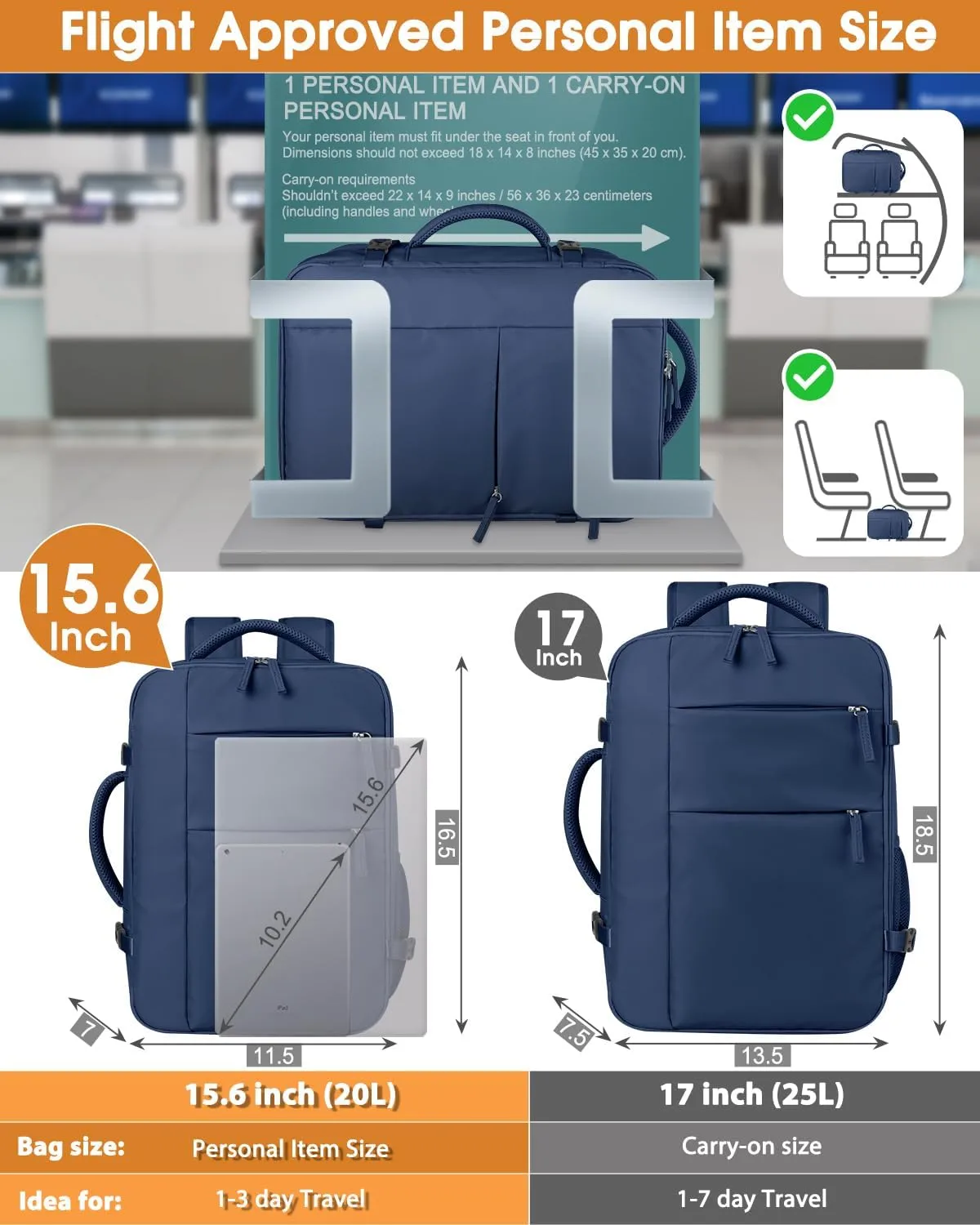 Capolo Travel Backpack for Women Men Waterproof Laptop Backpack Airlines Approved Carry On Backpack Bag Computer Bookbag for Business, Work, Traveling Fits 15.6 Inch Laptop(Dark Blue)