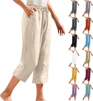 Capris Pants for Women Petite Casual Summer Lightweight Drawstring Elastic Waisted Straight Leg Loose Cropped Trouser